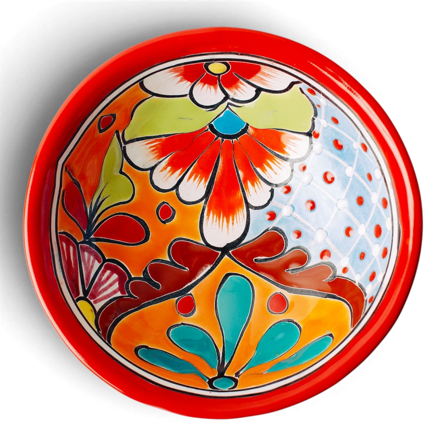 Handmade Mexican Talavera molcajete bowl with colorful hand-painted design and three-legged base