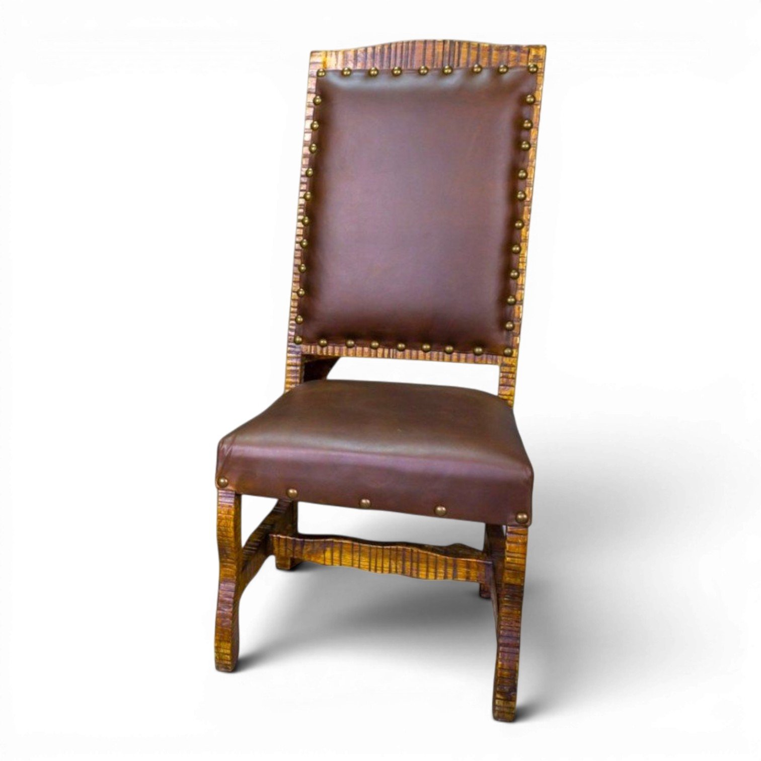 Handmade Mexican reclaimed wood dining chair upholstered in Sierra Chestnut leather