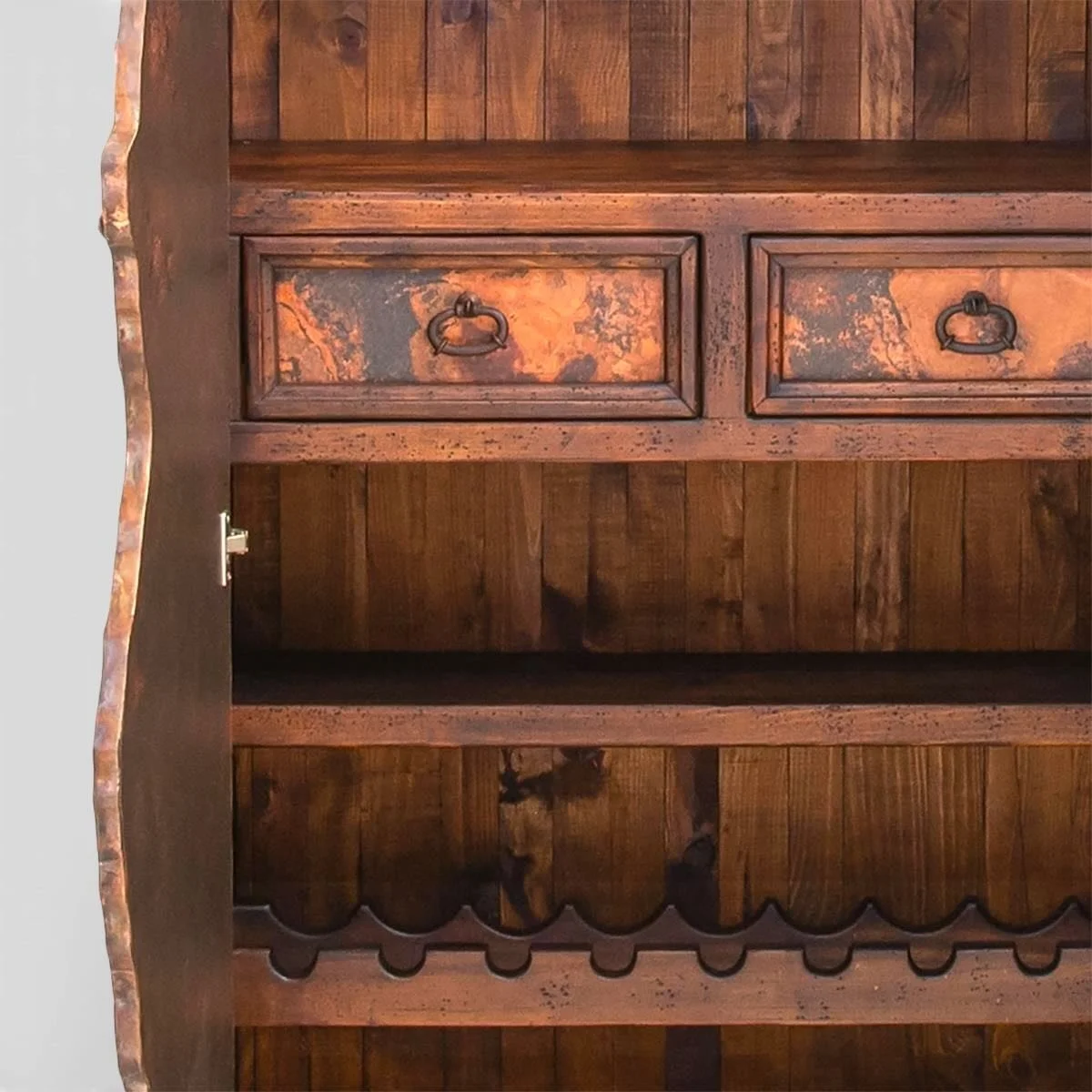 Handmade Mexican Volcán Copper Wine Cabinet with live edge hand-pounded copper doors, solid wood construction, and dark stained finish.