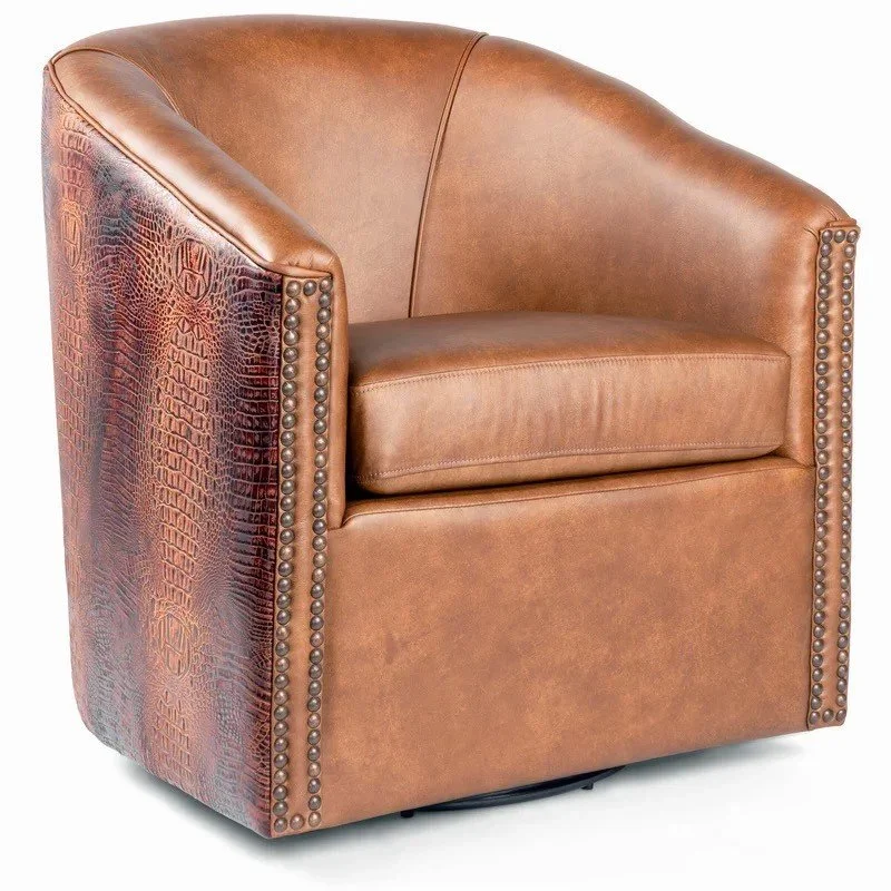 The Weston Croc Swivel Chair features premium top-grain leather, croc-embossed accents, and smooth swivel functionality for refined Western-modern comfort.