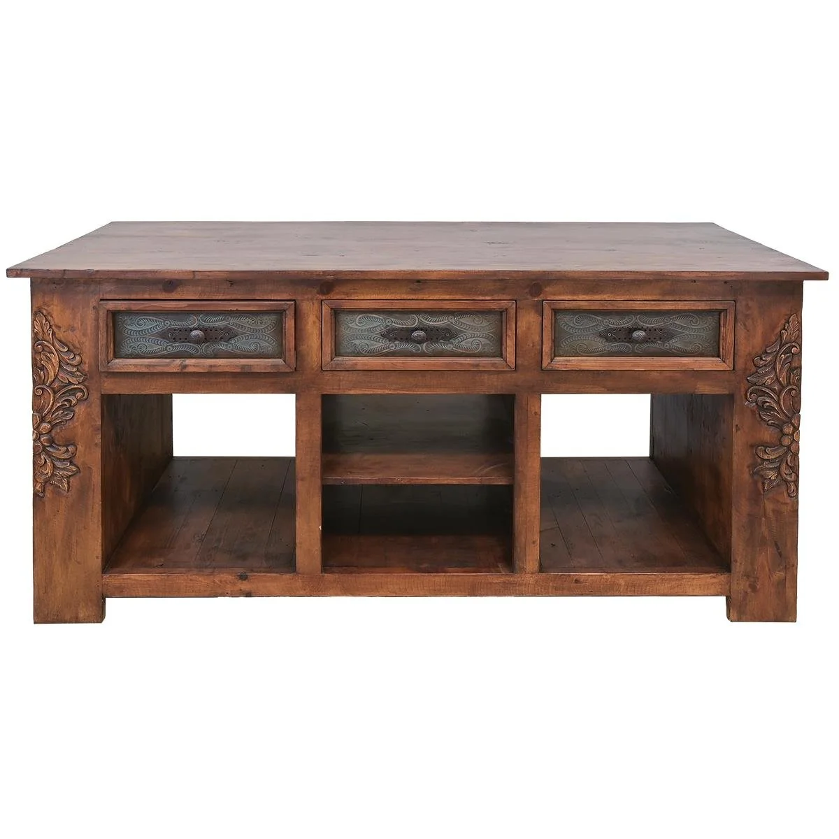 Tatum hand carved solid wood kitchen island handmade in Mexico with dark stained finish, iron hardware, three drawers, and open storage.