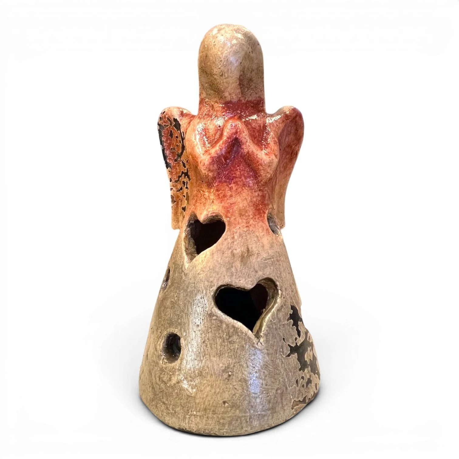 Handmade Mexican Ángel Luminaria clay candle lantern with hand-painted finish and decorative cutout design.