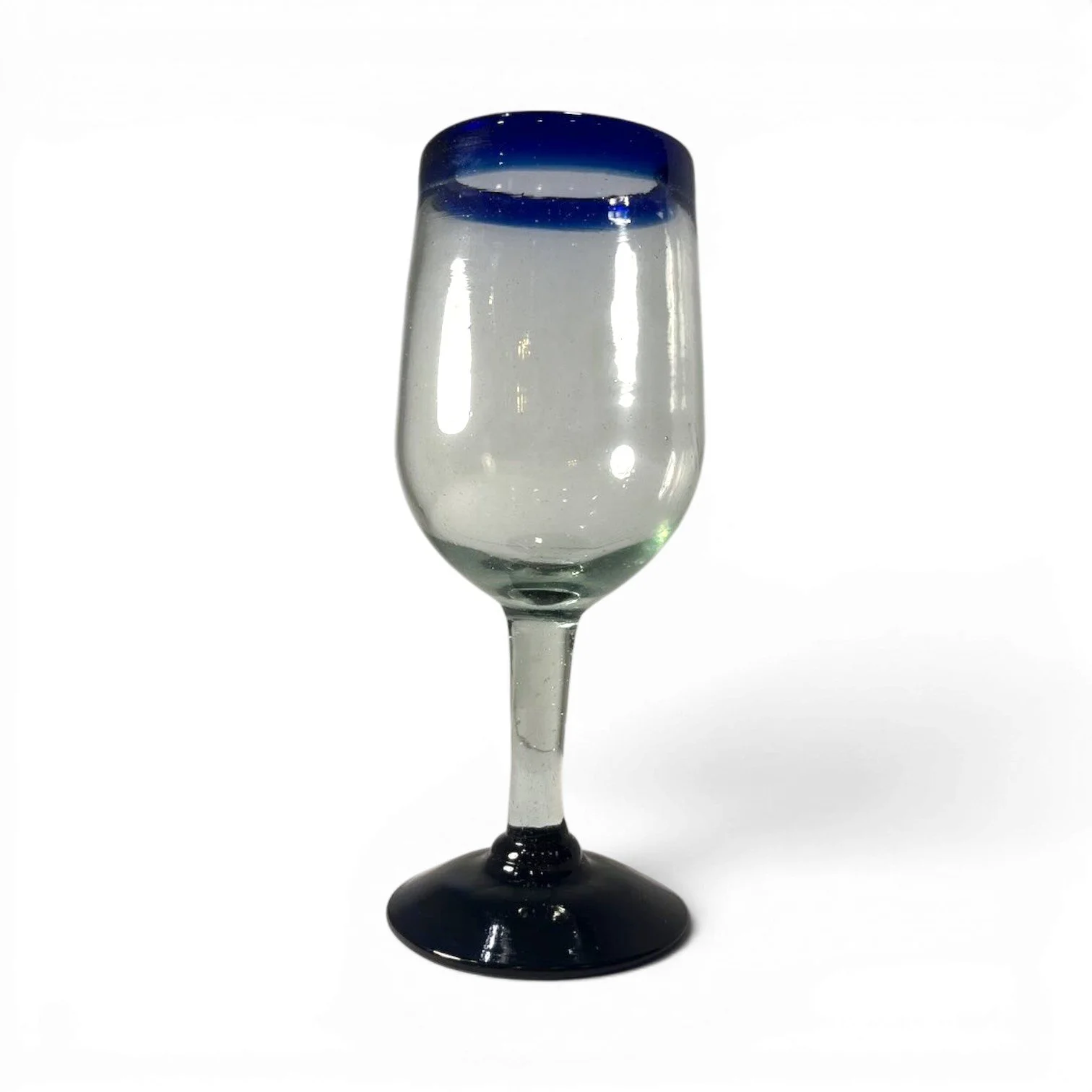Handmade Mexican Cantina wine glass with traditional cobalt blue rim and handblown artisan glass.