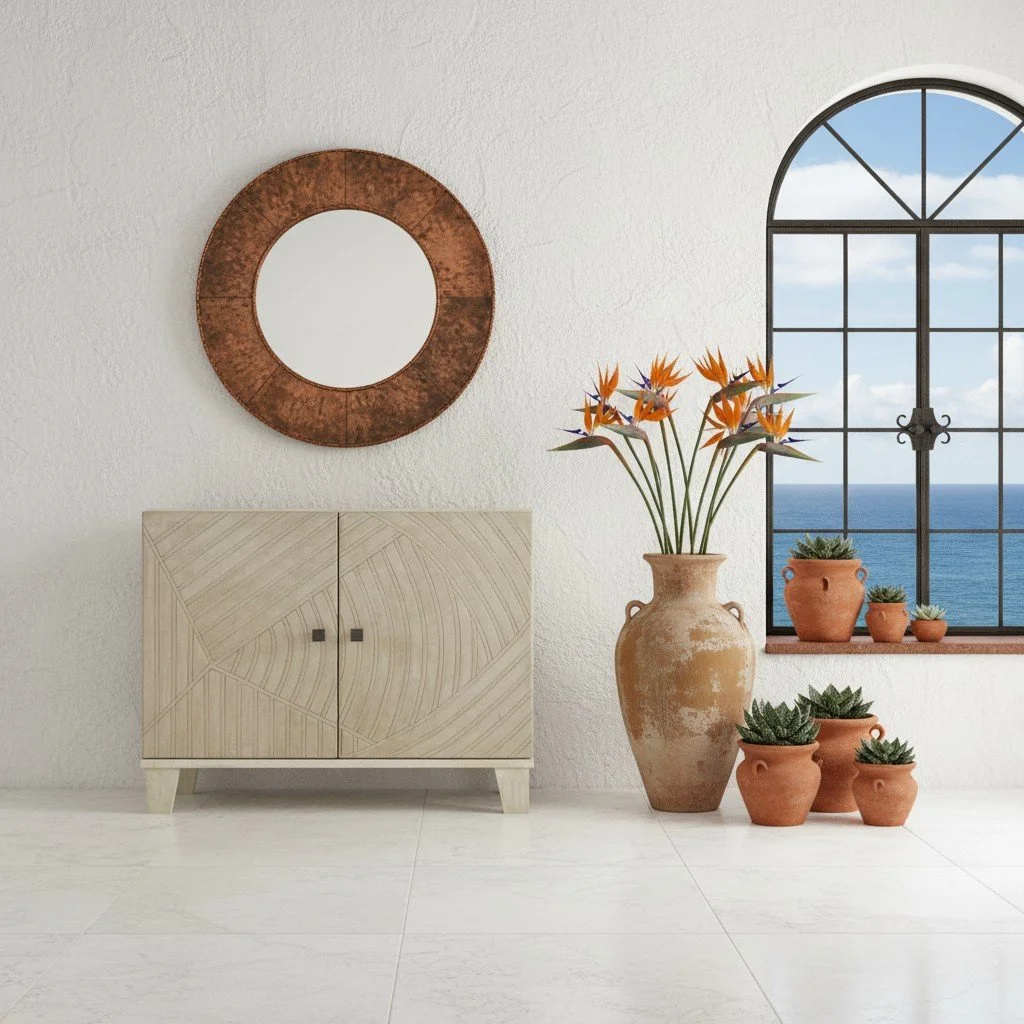 Handmade Peruvian Zorritos Buffet Chest with light leather geometric doors and creamy wood frame