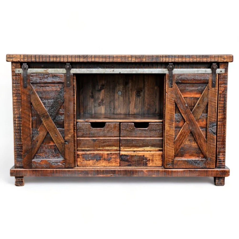 Handmade Antiguo Granero Console crafted in Mexico from reclaimed wood with sliding barn doors and rustic iron hardware.