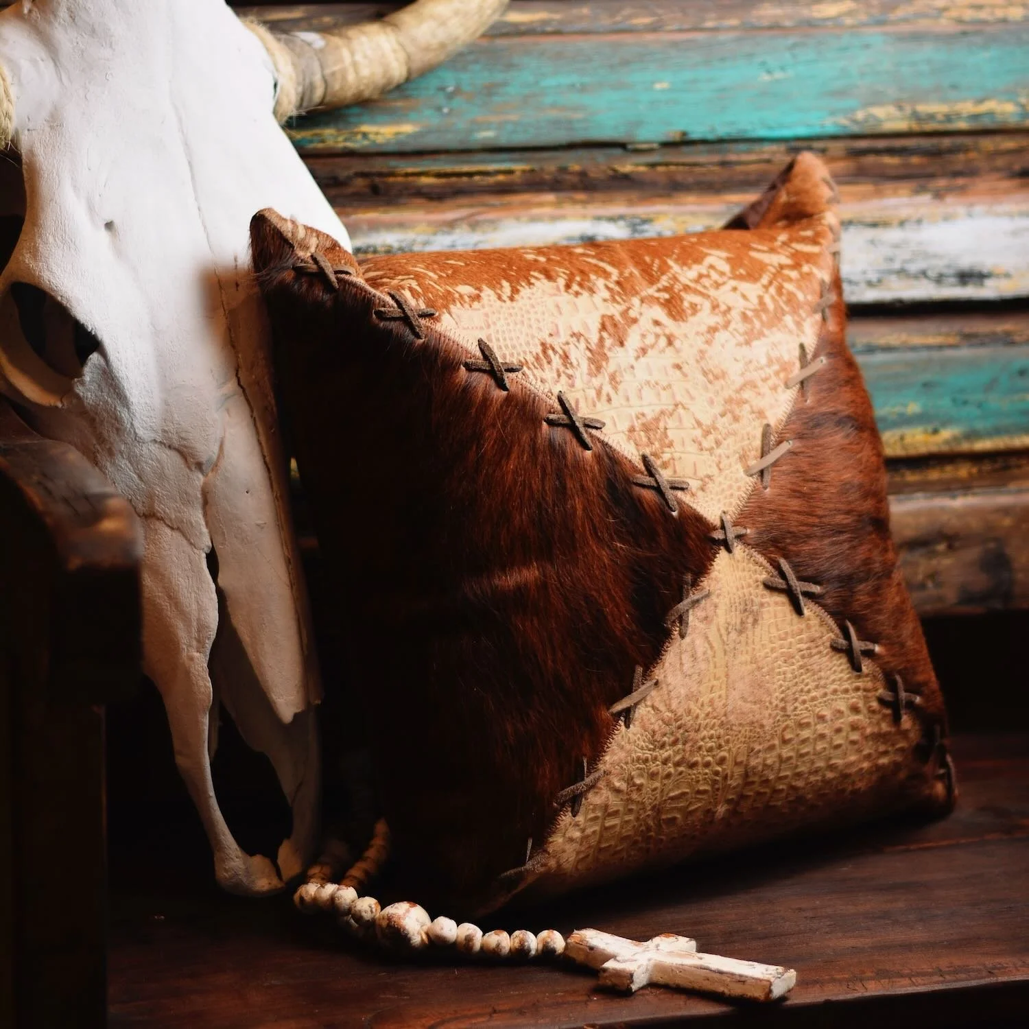 Handmade Brazilian Tombstone Pillow featuring cowhide and leather Western design, 18x18 decorative throw pillow.