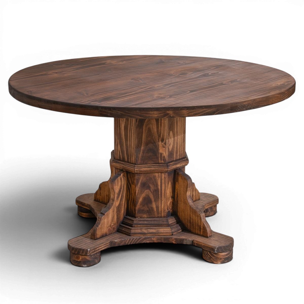 Vallarta Redonda handmade Mexican round solid pine dining table with a thick pedestal base and rich dark stained finish.