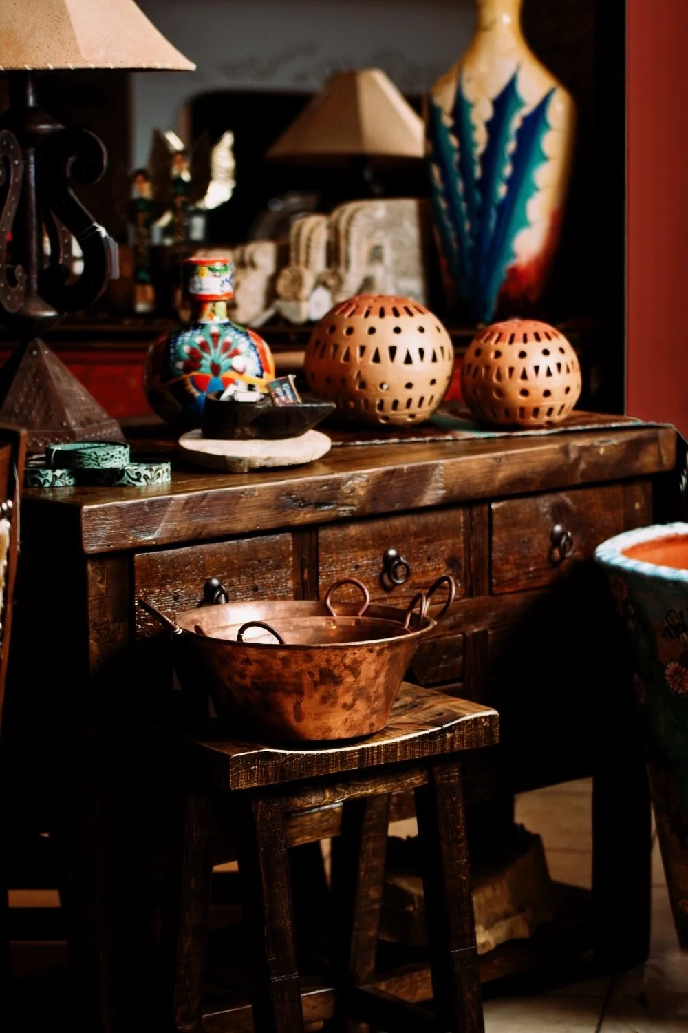 Handmade kitchen island and artisan decor from Mexico.