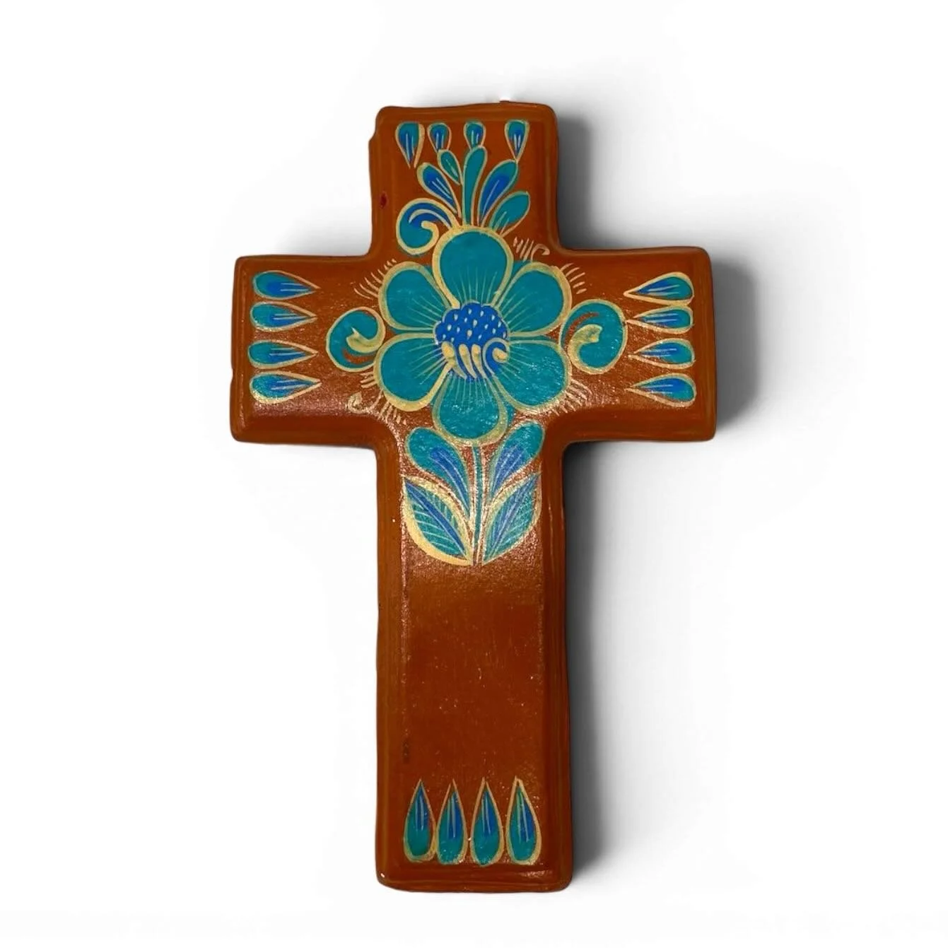 Handmade Clay Painted Cross – Floral Terracotta & Turquoise Wall Décor - Small