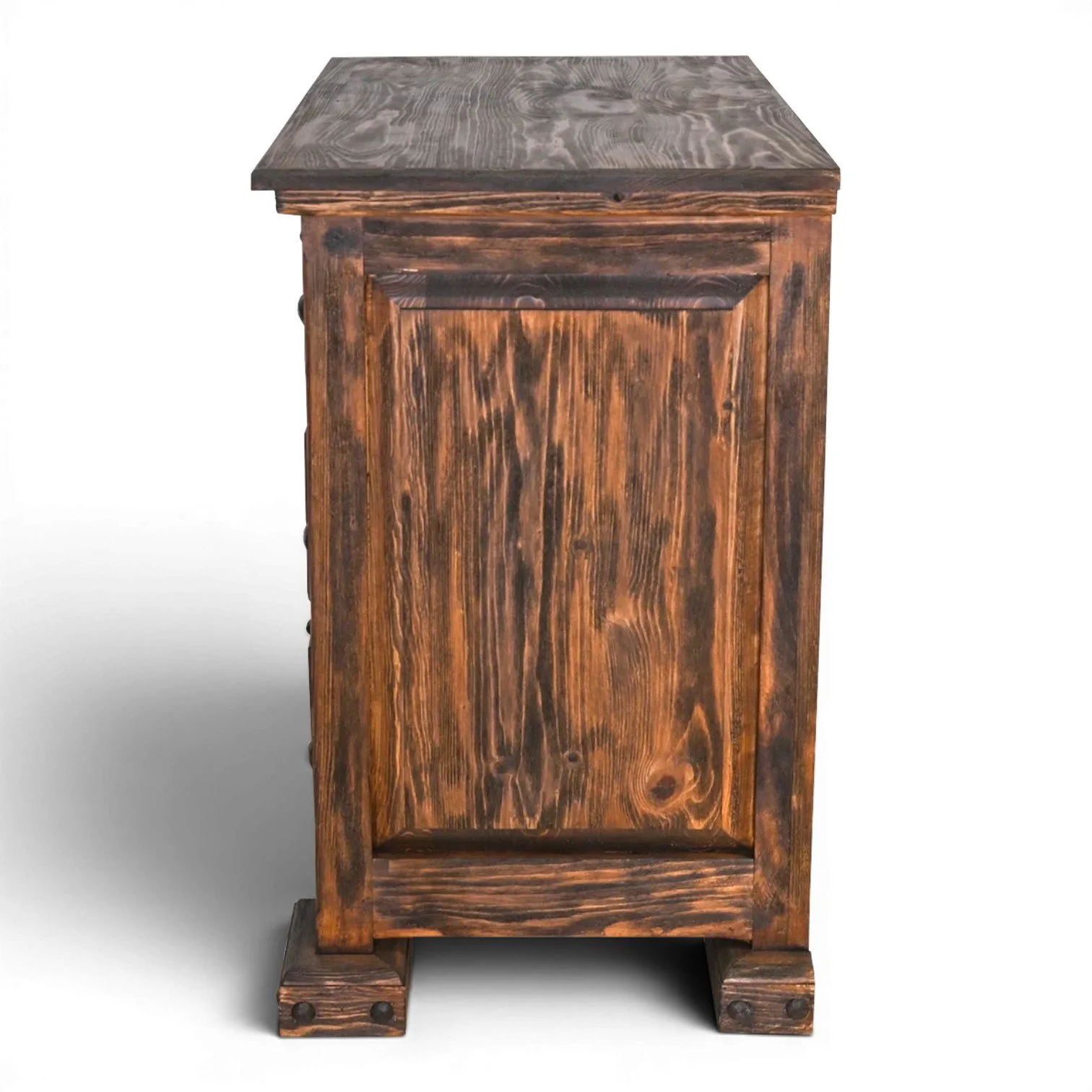 Handmade Tucson tooled leather nightstand with solid wood, carved stain finish, iron hardware, and Western clavos accents crafted in Mexico.