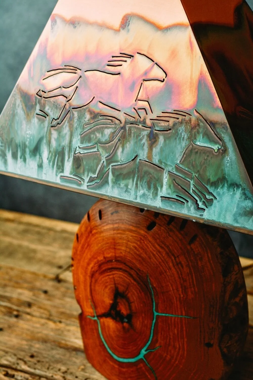 Mesquite Wood & Copper Table Lamp | Turquoise Inlay Lighting