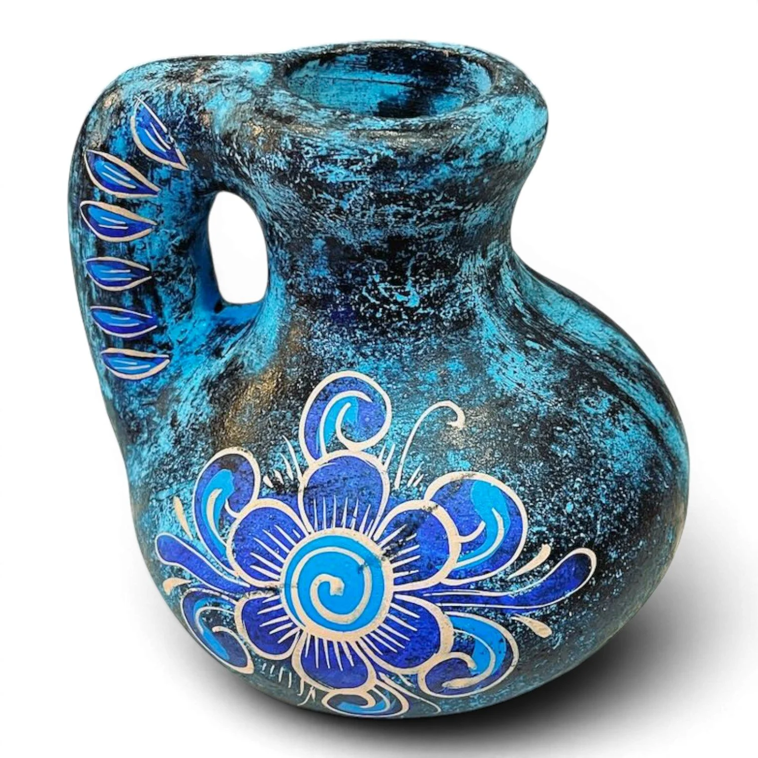 Handmade Mexican Jarra Azul clay vase with distressed blue finish and hand-painted floral design