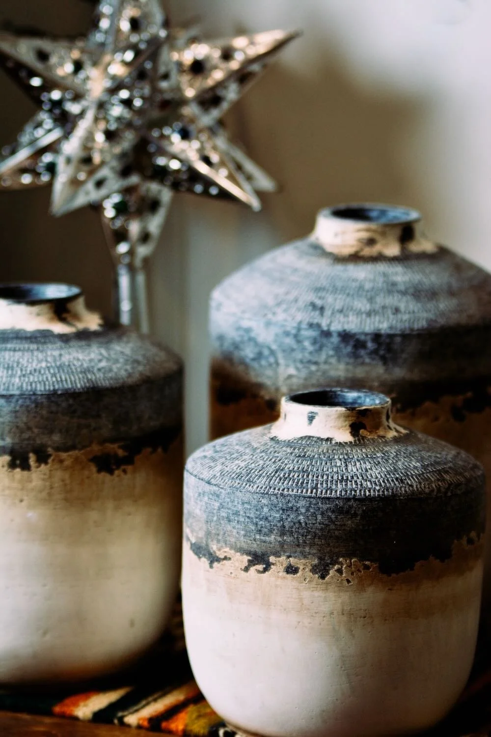 Three Clay Vases and Star Lamp from Mexico