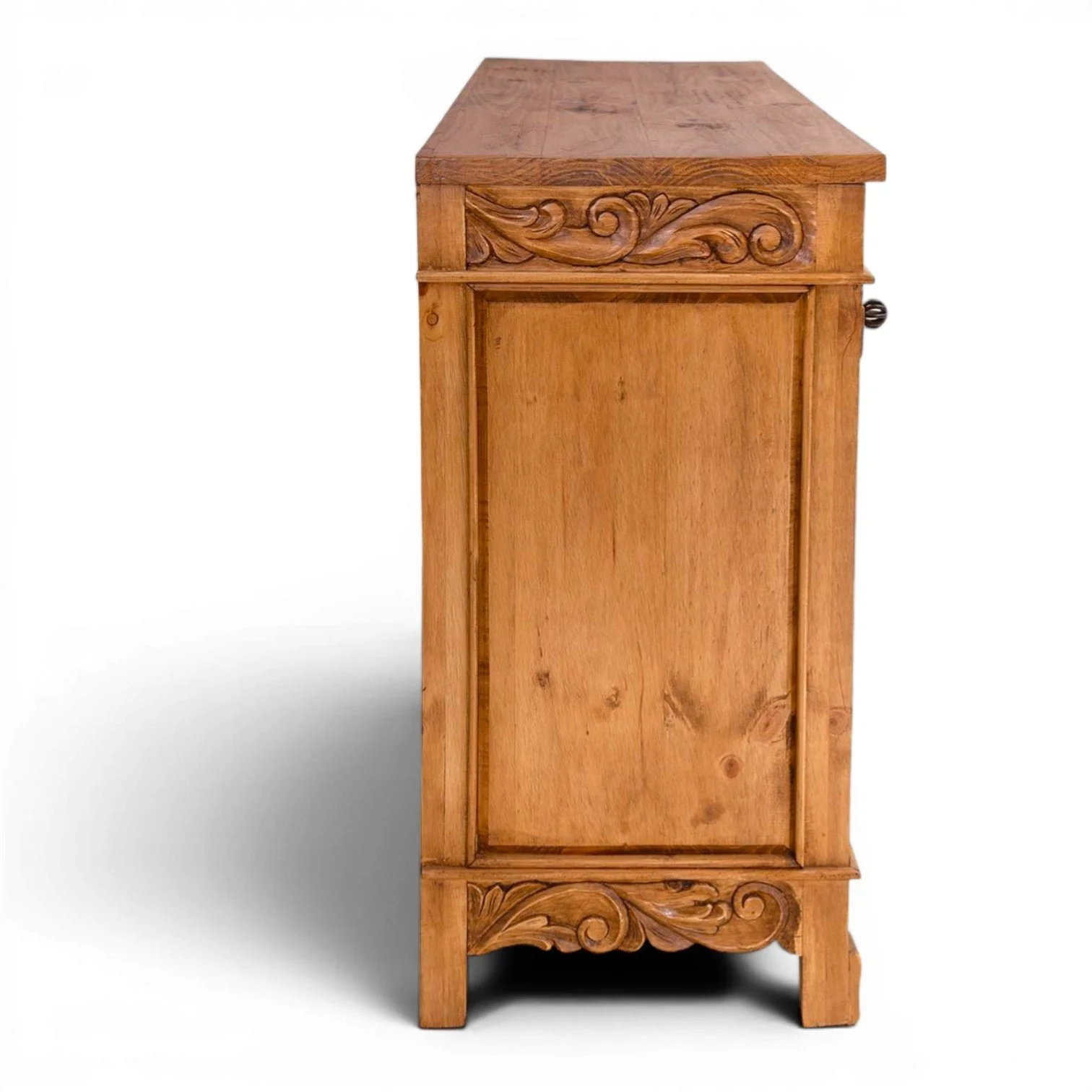 Handmade Las Cuevas Especial dark rustic buffet with hand-carved details and iron hardware crafted in Mexico.