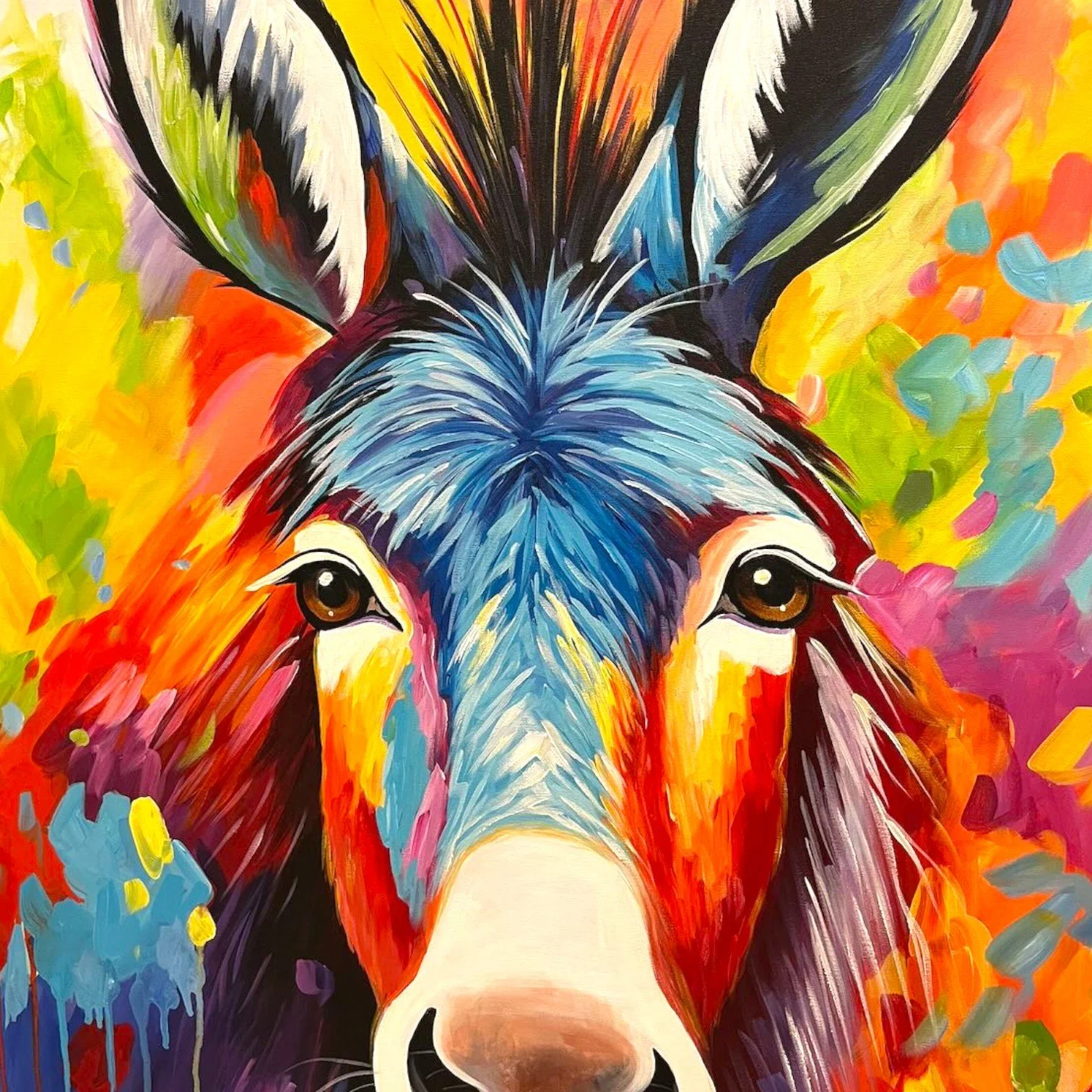 Hand-painted colorful Mexican donkey canvas artwork with expressive eyes and ears