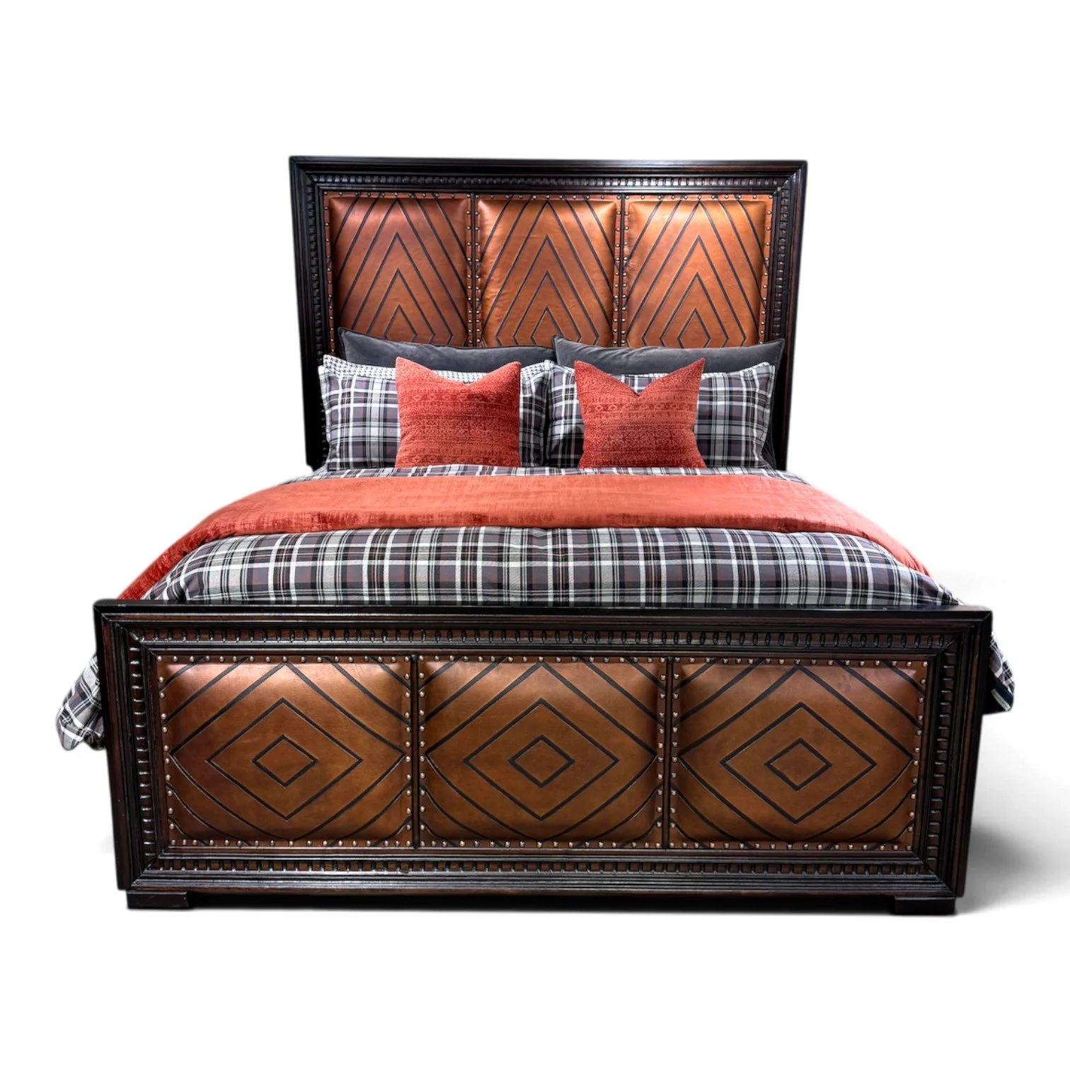 Handmade Western-style bed with diamond-tooled brown leather and dark wood frame
