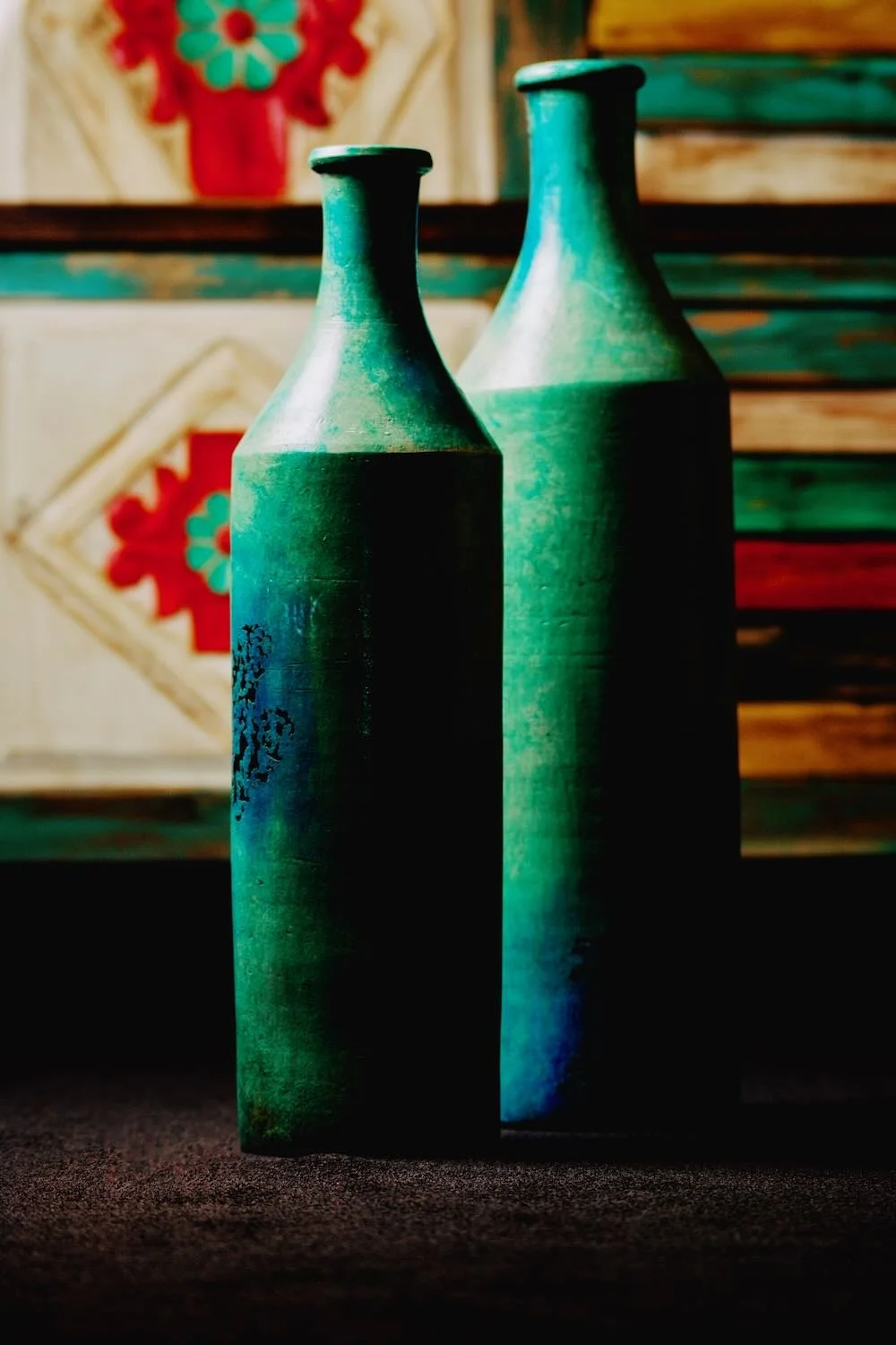 Turquoise and blue clay vases from Mexico.