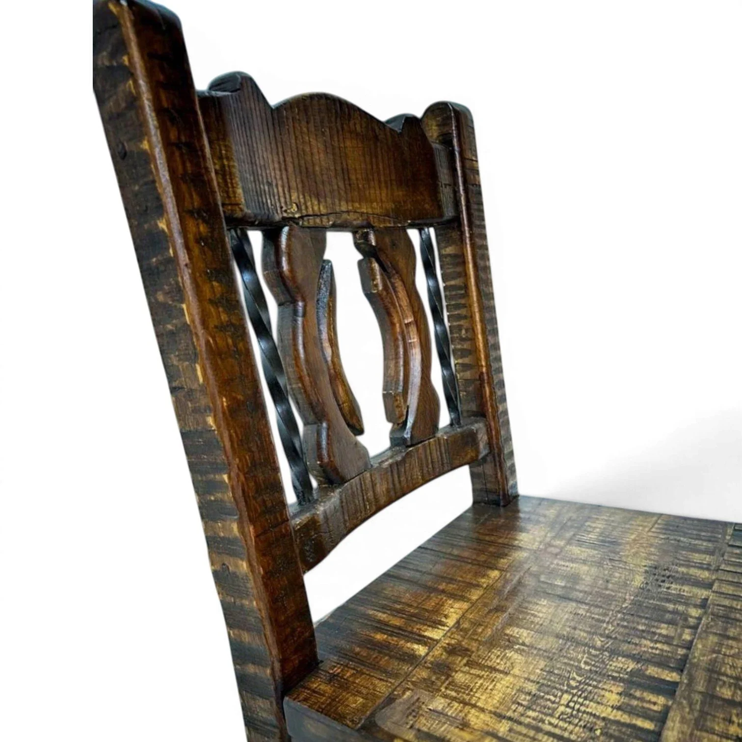 Handmade Mexican San Juanito bar stool with yoke-style backrest, twisted iron accents, carved legs, and dark stained finish