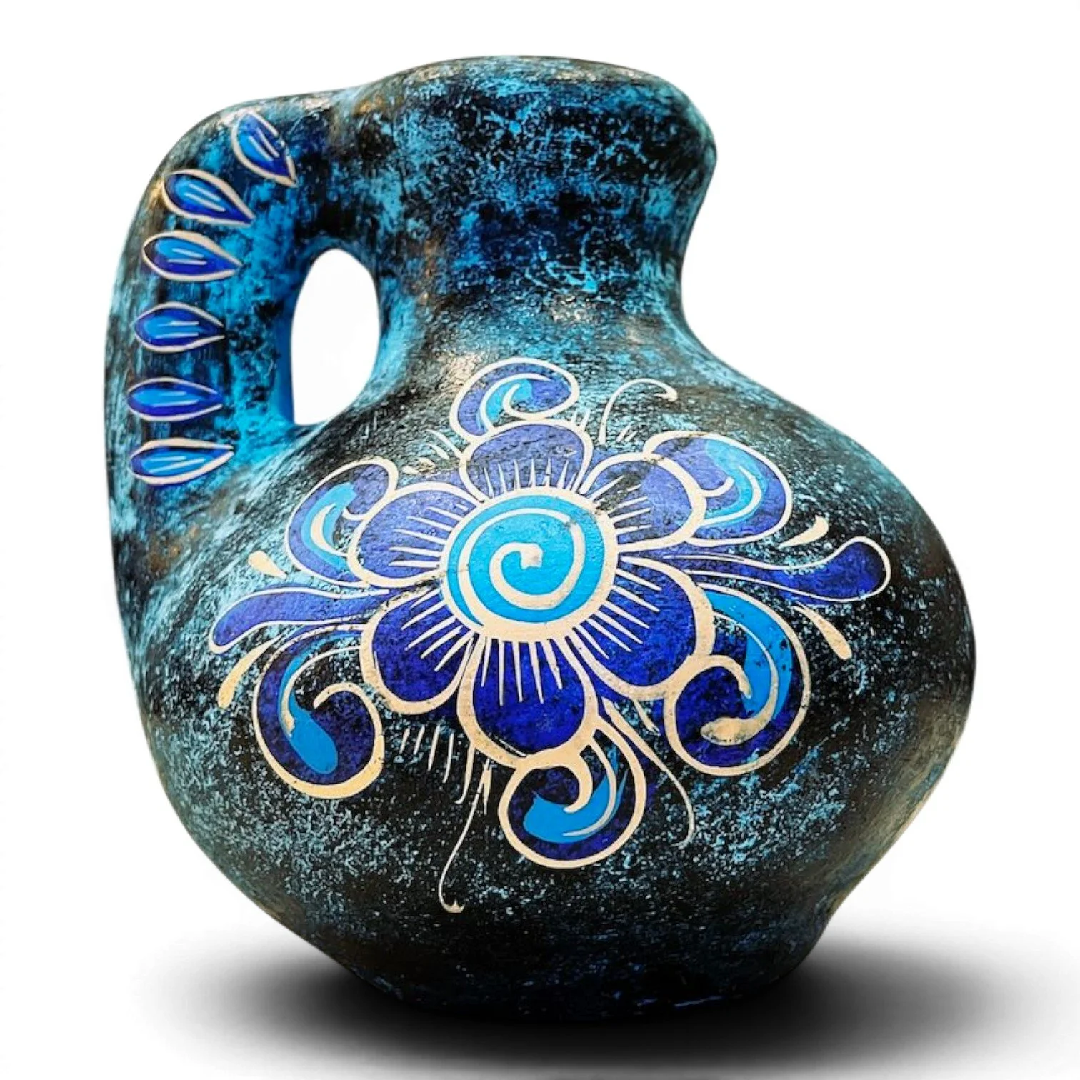 Handmade Mexican Jarra Azul clay vase with distressed blue finish and hand-painted floral design