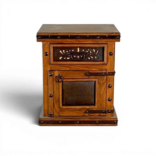 Handmade Herradura tooled leather nightstand with perforated leather panels, iron hardware, clavos, and rich dark wood finish.
