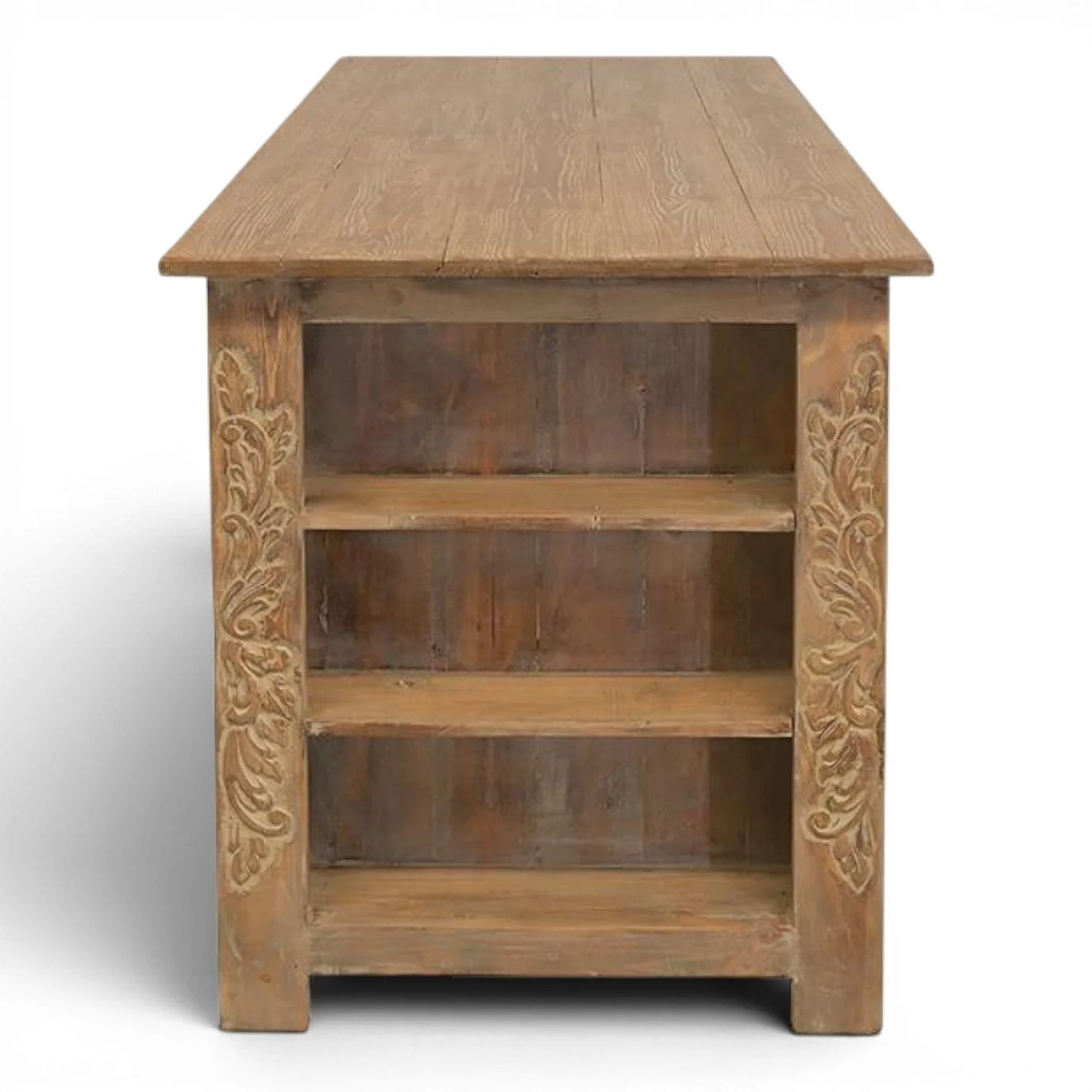 Handmade Mexican Arenosa kitchen island with hand-carved solid wood, cream drawer fronts, rustic finish, and open shelving.