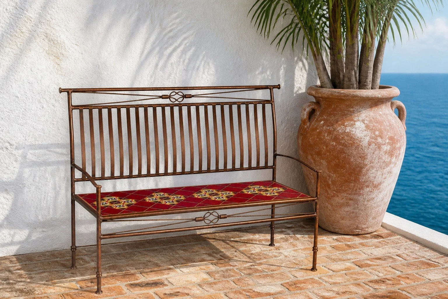 Wrought Iron Bench with Talavera Tile in a Coastal Setting