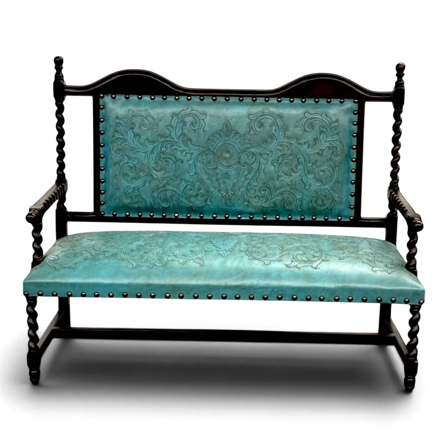 Handmade turquoise tooled leather bench with twisted wood armrests