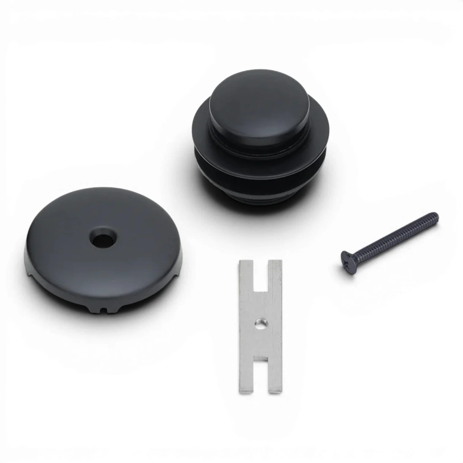 Solid brass polished copper bathtub drain trim with single-hole overflow cover and push-pop toe-click drain. Matte Black