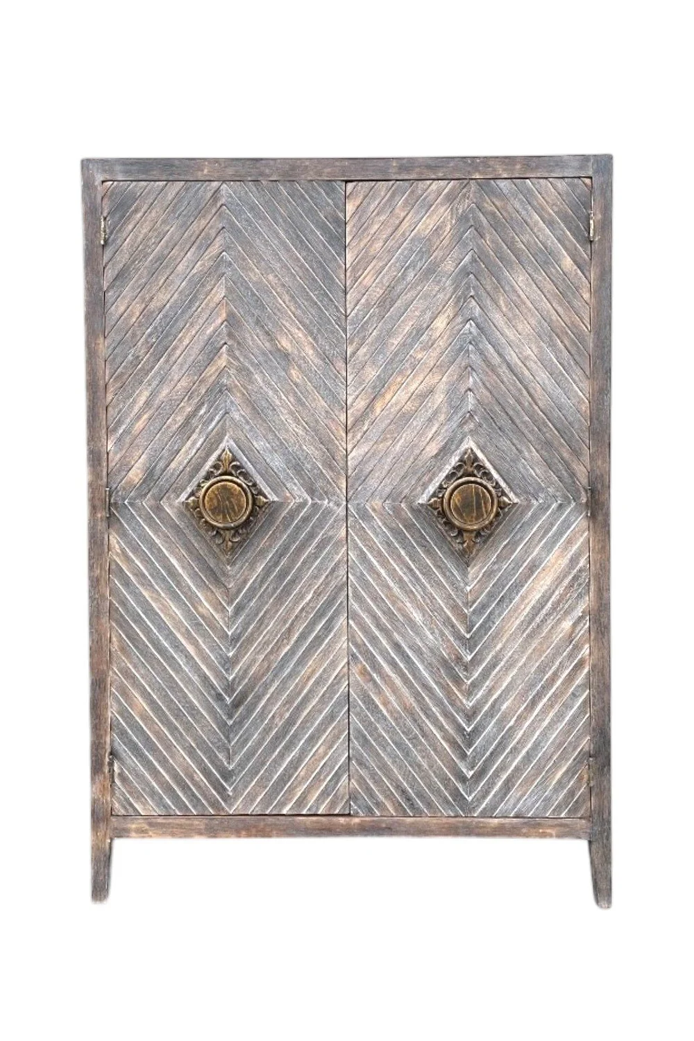 Shop the Mazamari Armoire with chevron wood doors, brass handles, and spacious storage. Rustic luxury statement cabinet with artisan style and timeless elegance.