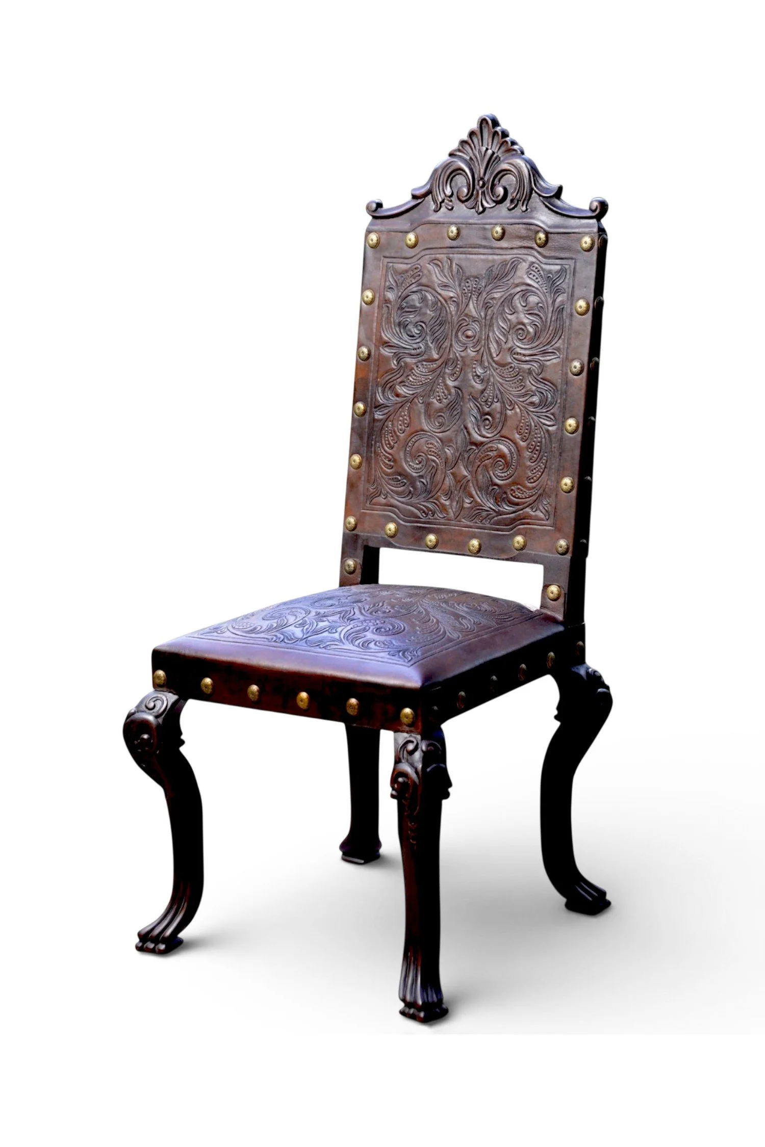 Shop a handmade tooled leather dining chair from Peru. Hand-carved wood with claw feet and painted leather in Spanish Colonial style.