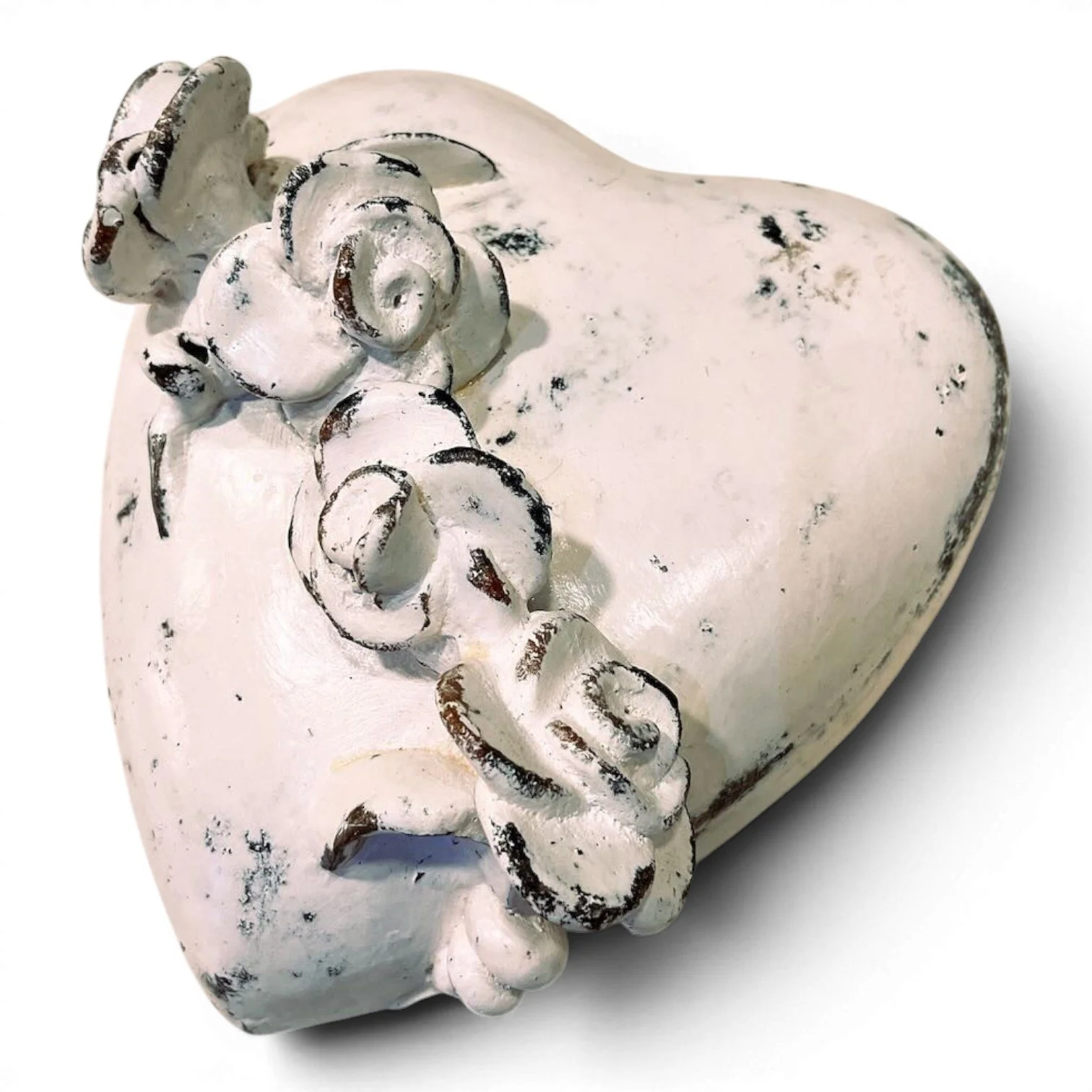 Handmade Mexican Corazón Blanco clay wall heart with distressed white finish and hand-formed floral design