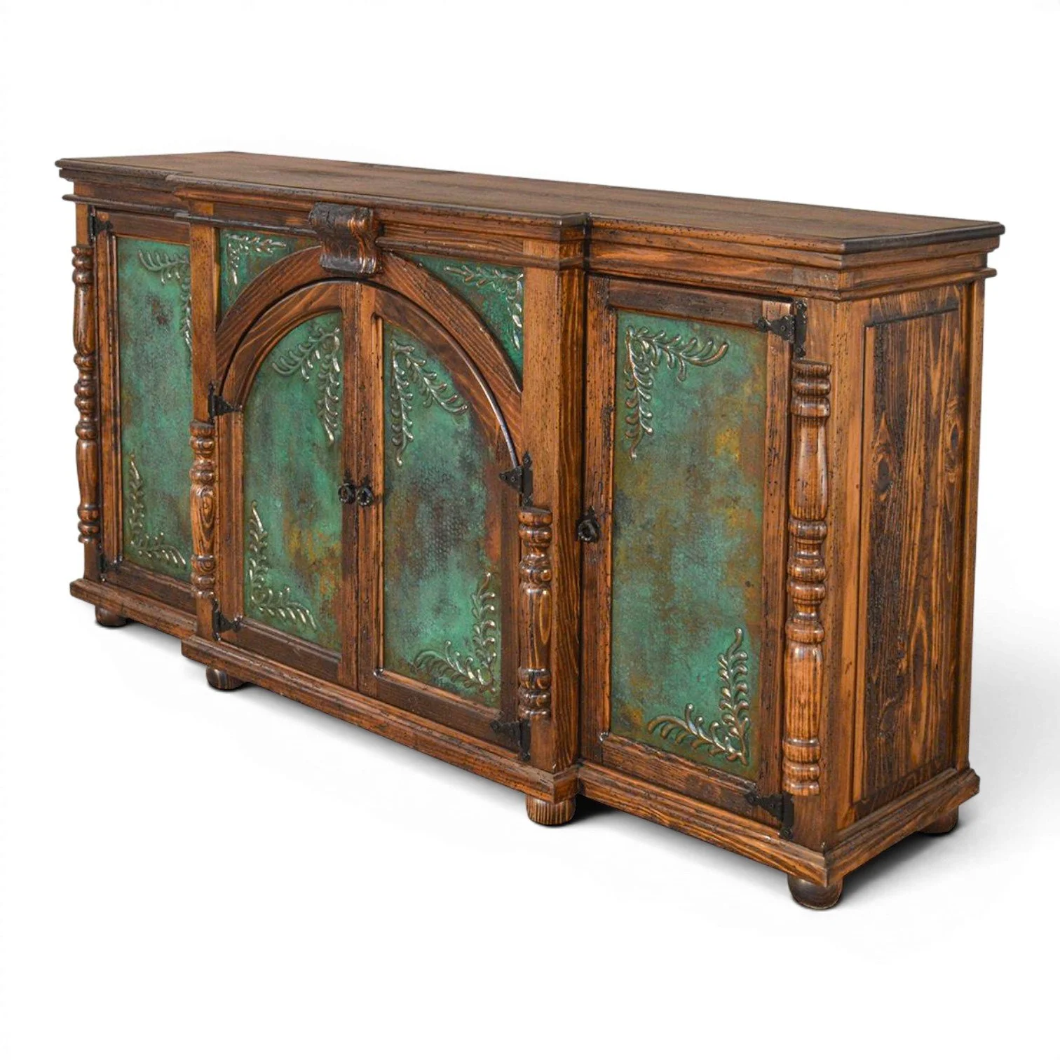 Handmade Zamora Copper Wine Cabinet with embossed green copper doors, hand-carved wood details, iron hardware, and rich dark stain finish.