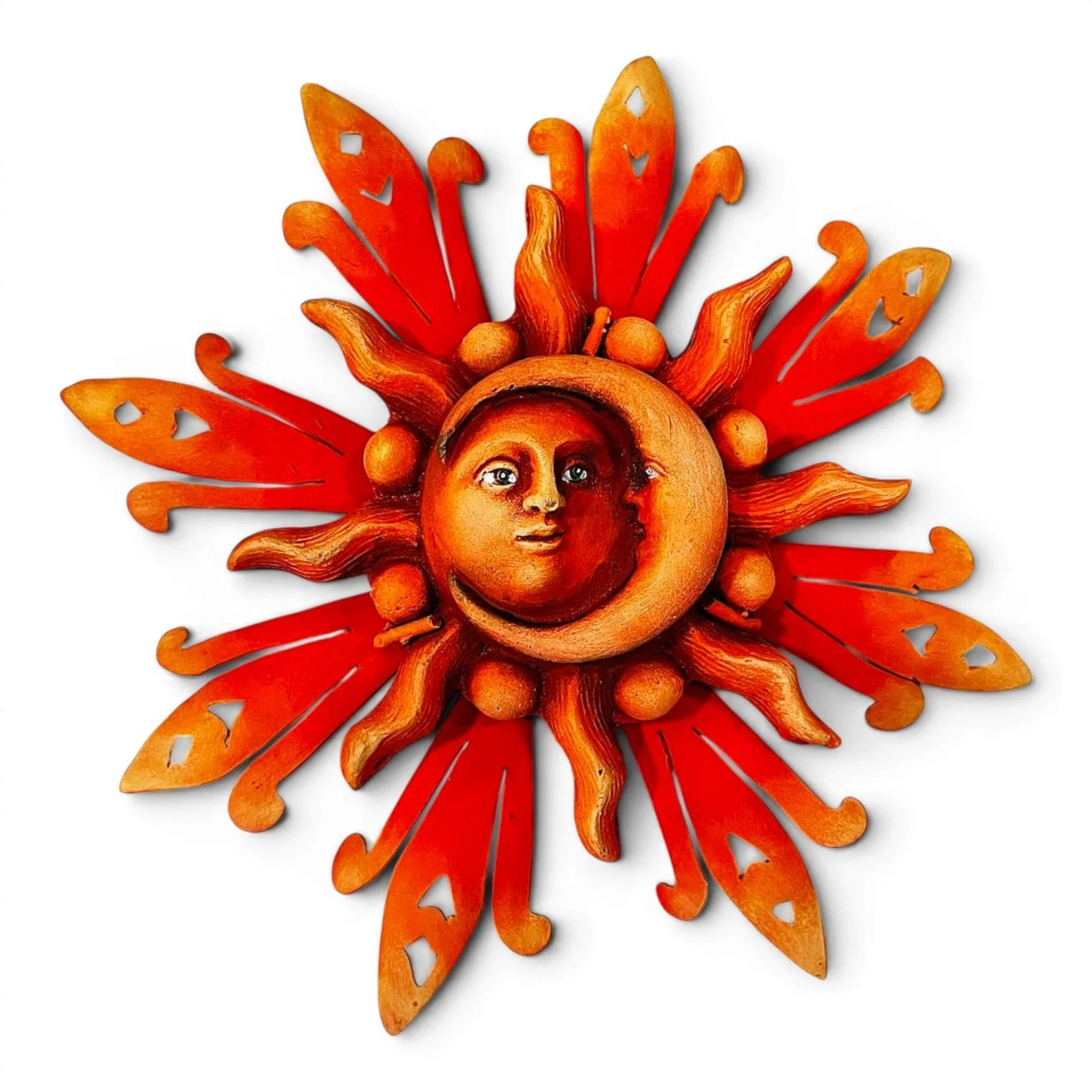 Handmade Mexican Mini Sol y Luna Vibrante wall art with colorful sun and moon design and metal rays