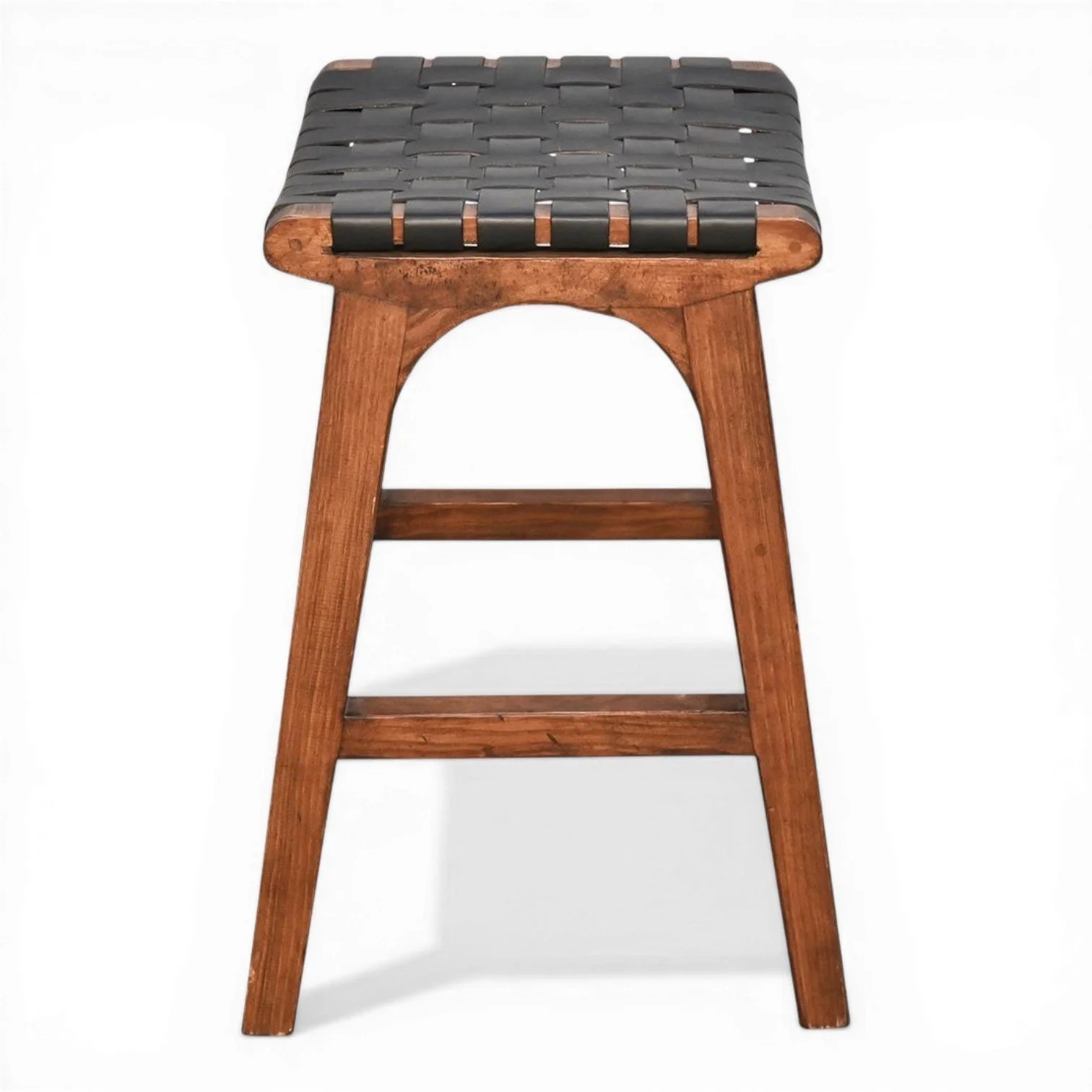 Handmade Cambria black crisscross leather bar stool with dark wood frame crafted in Mexico.