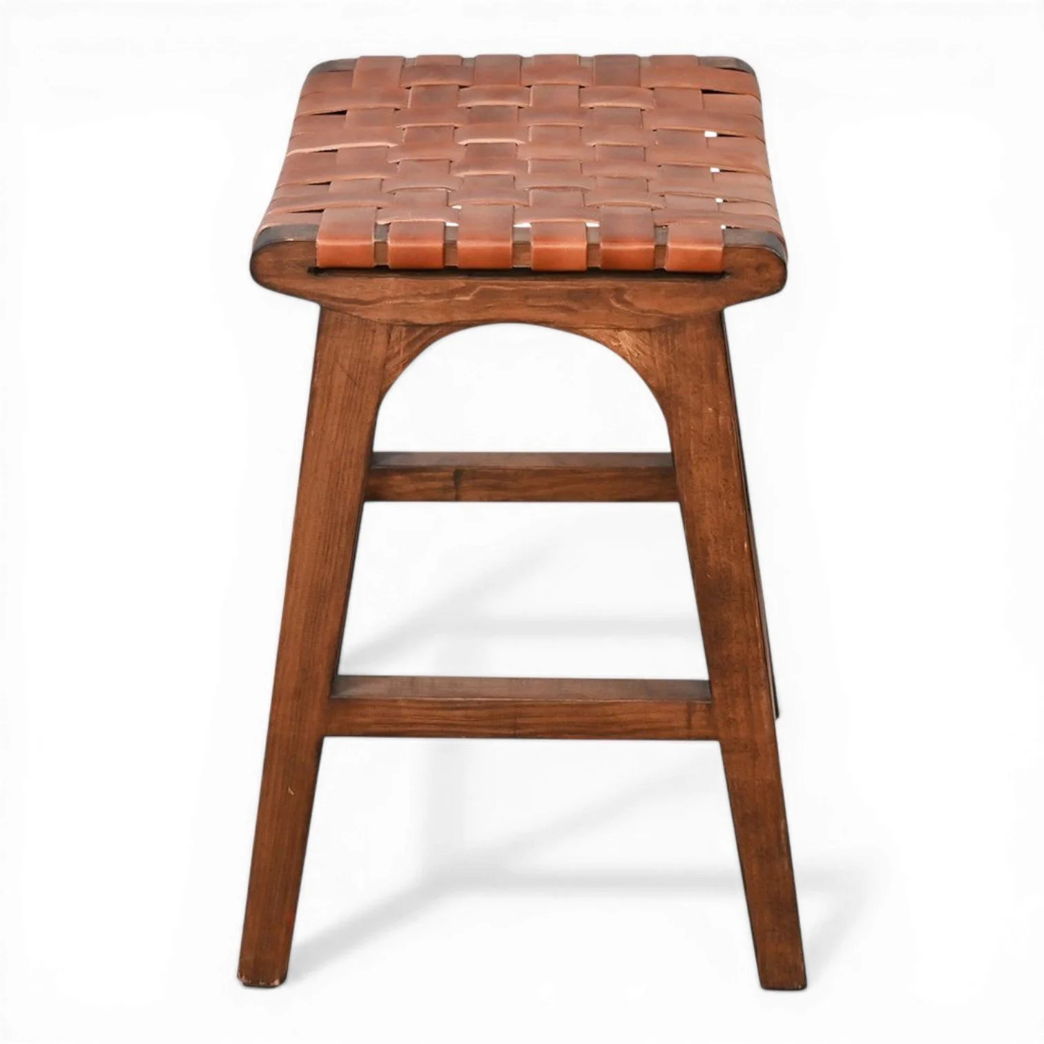 Handmade Cambria crisscross terracotta leather bar stool with dark wood frame crafted in Mexico.