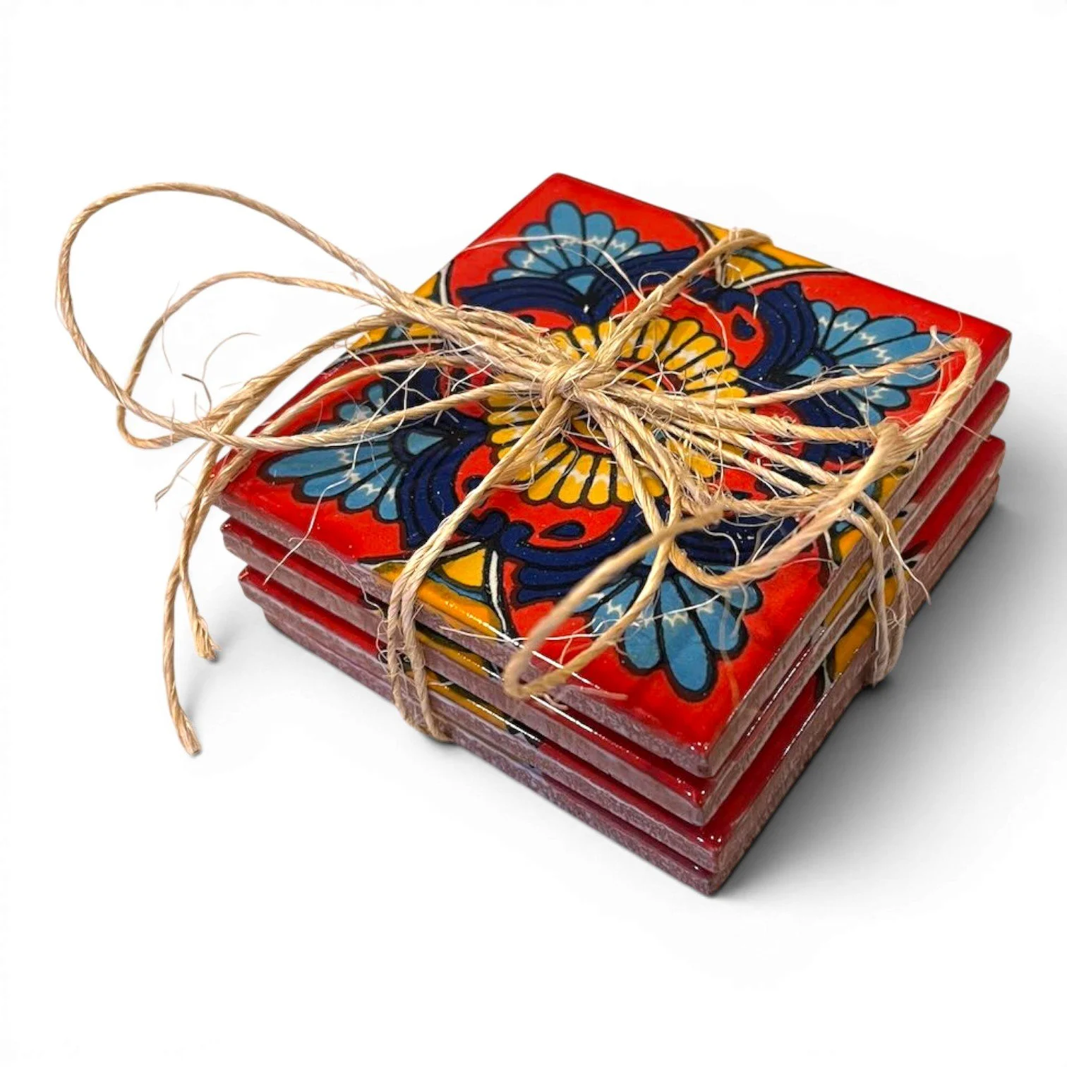 Set of four colorful Talavera tile coasters with hand-painted Mexican pottery designs