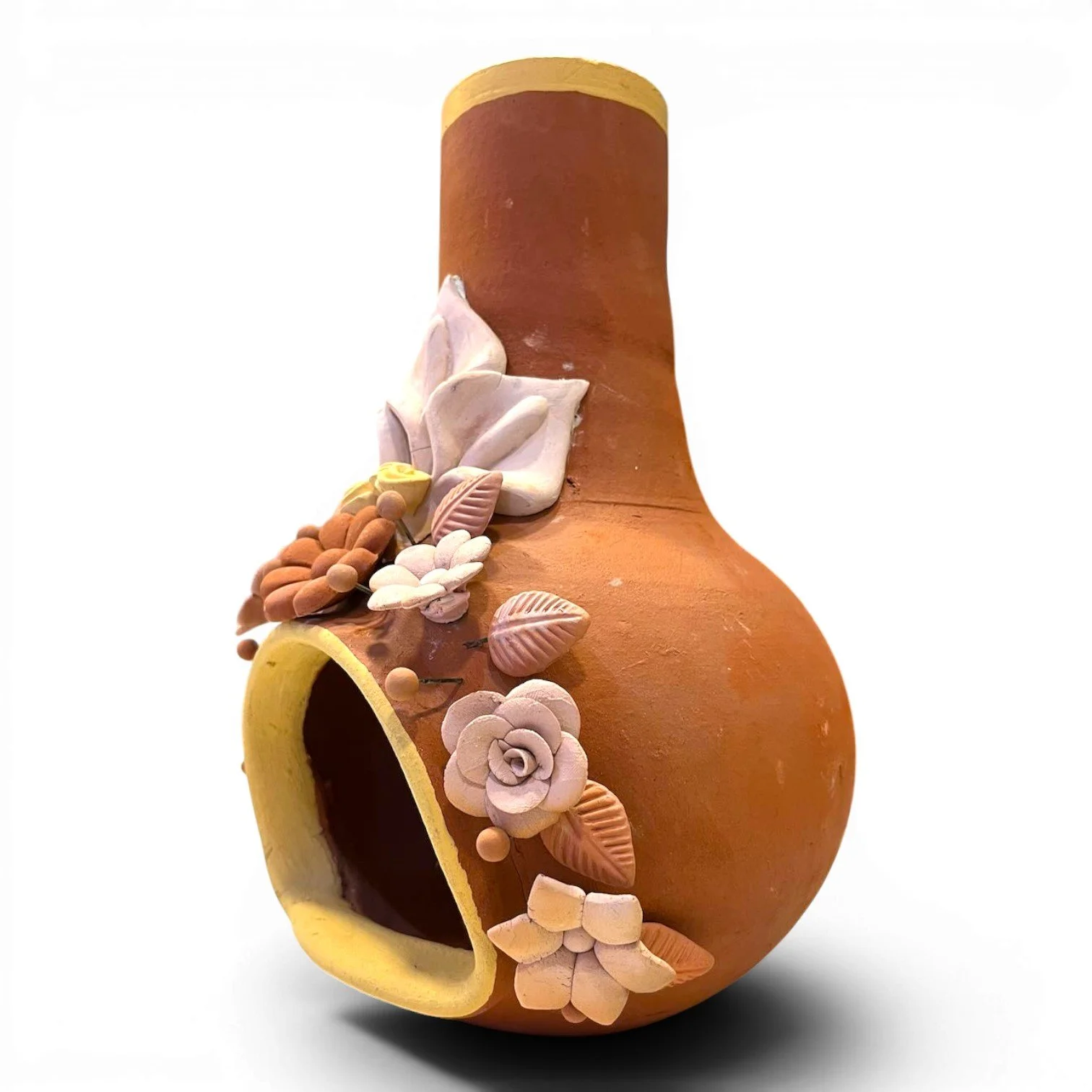 Handmade Mexican Clay Flower Chiminea with detailed floral design and neutral finish for tabletop décor.