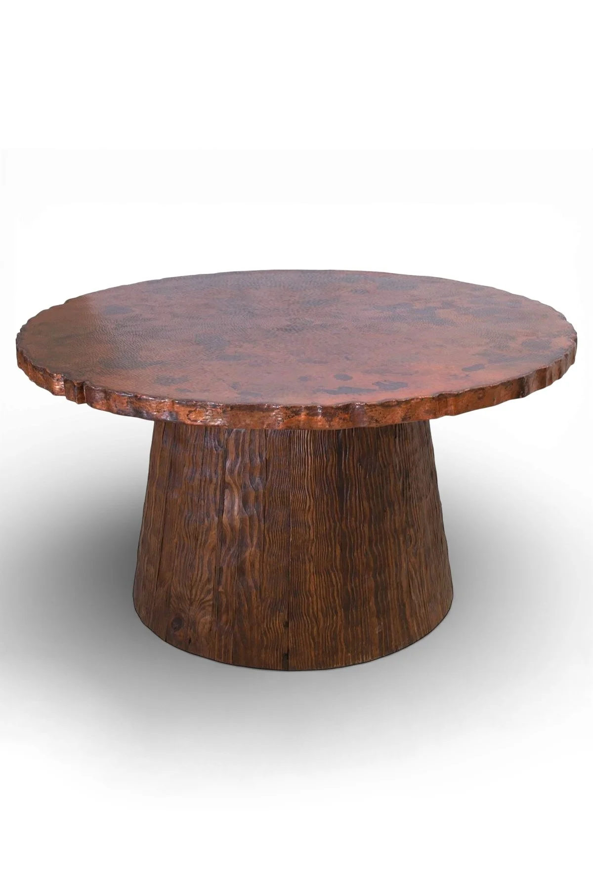 Shop a handmade copper dining table from Mexico. Live edge copper top with solid wood base, perfect for rustic luxury dining spaces.