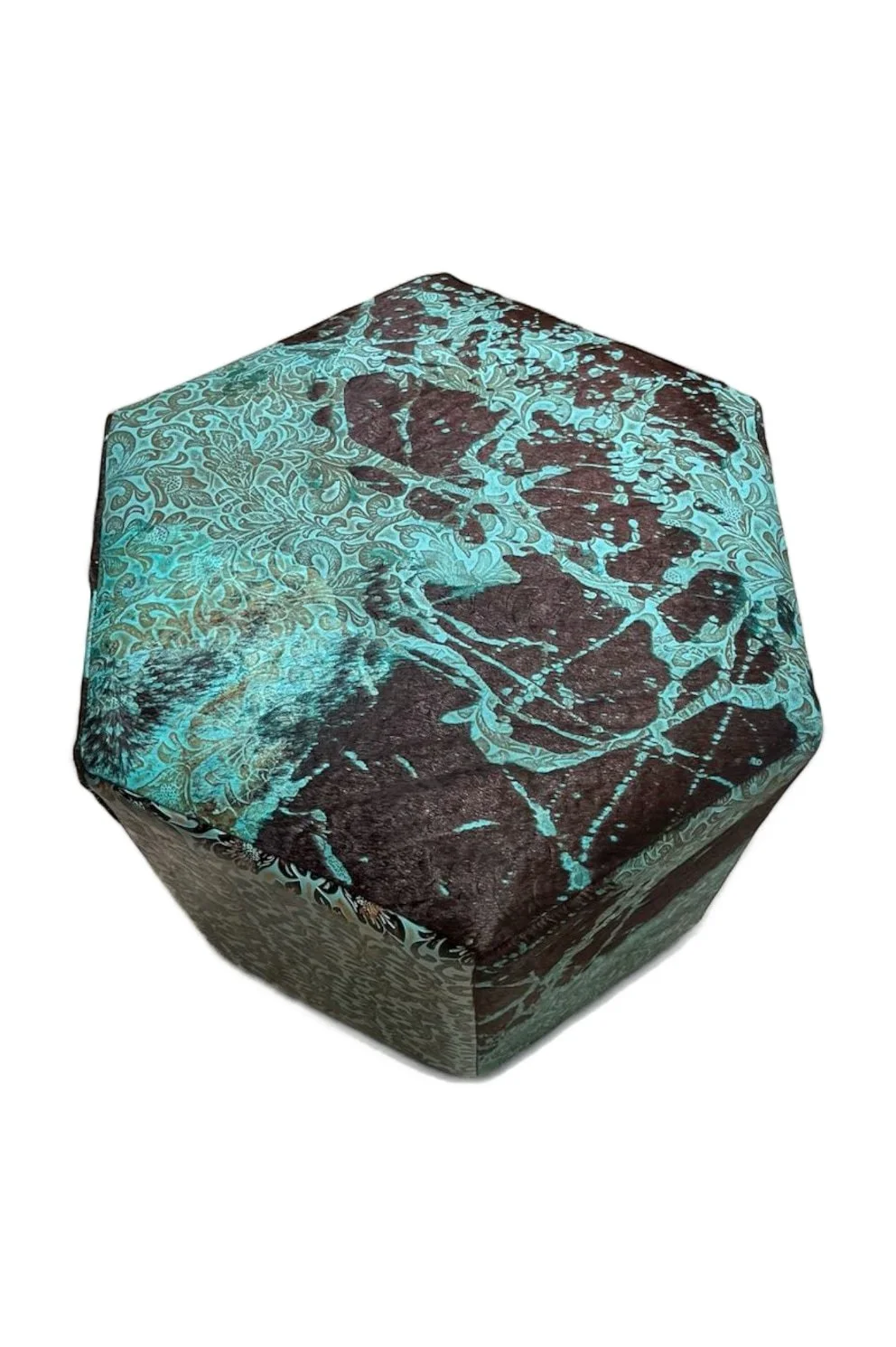 Turquoise Cowhide & Tooled Hexagon Ottoman