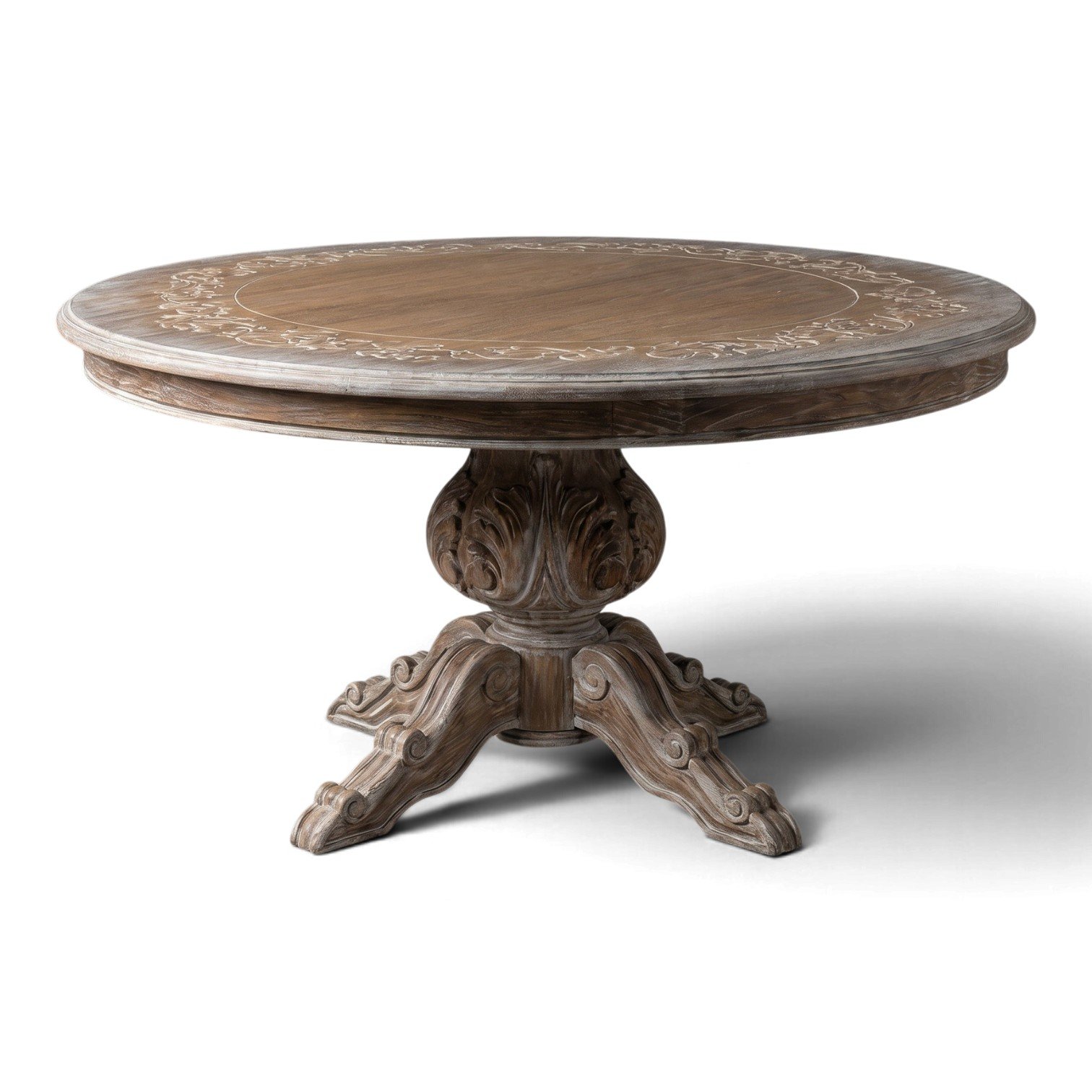 Handmade round whitewash dining table with carved pedestal base