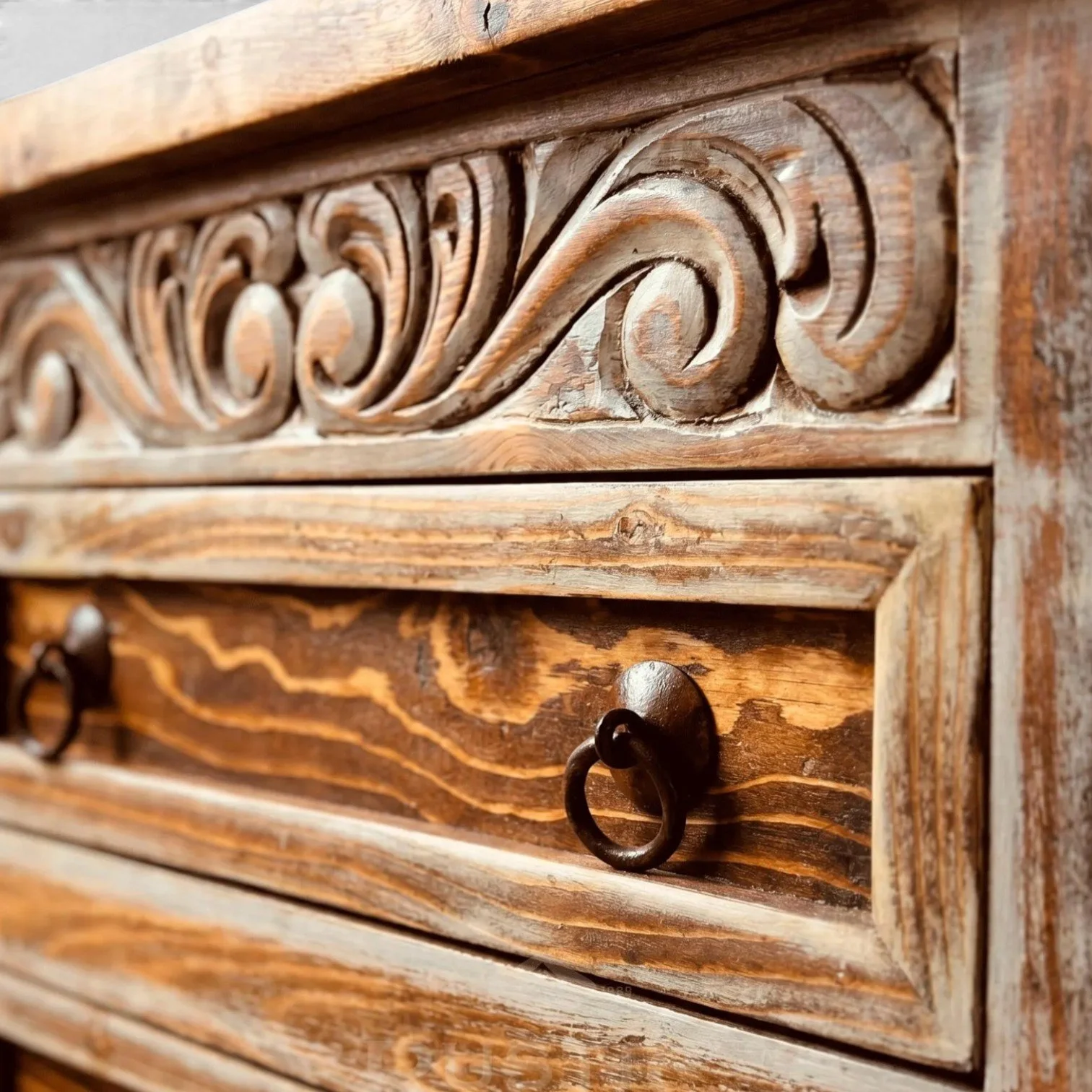 Las Conchas handcrafted Mexican reclaimed wood chest with white wash finish, hand-carved details, and iron hardware
