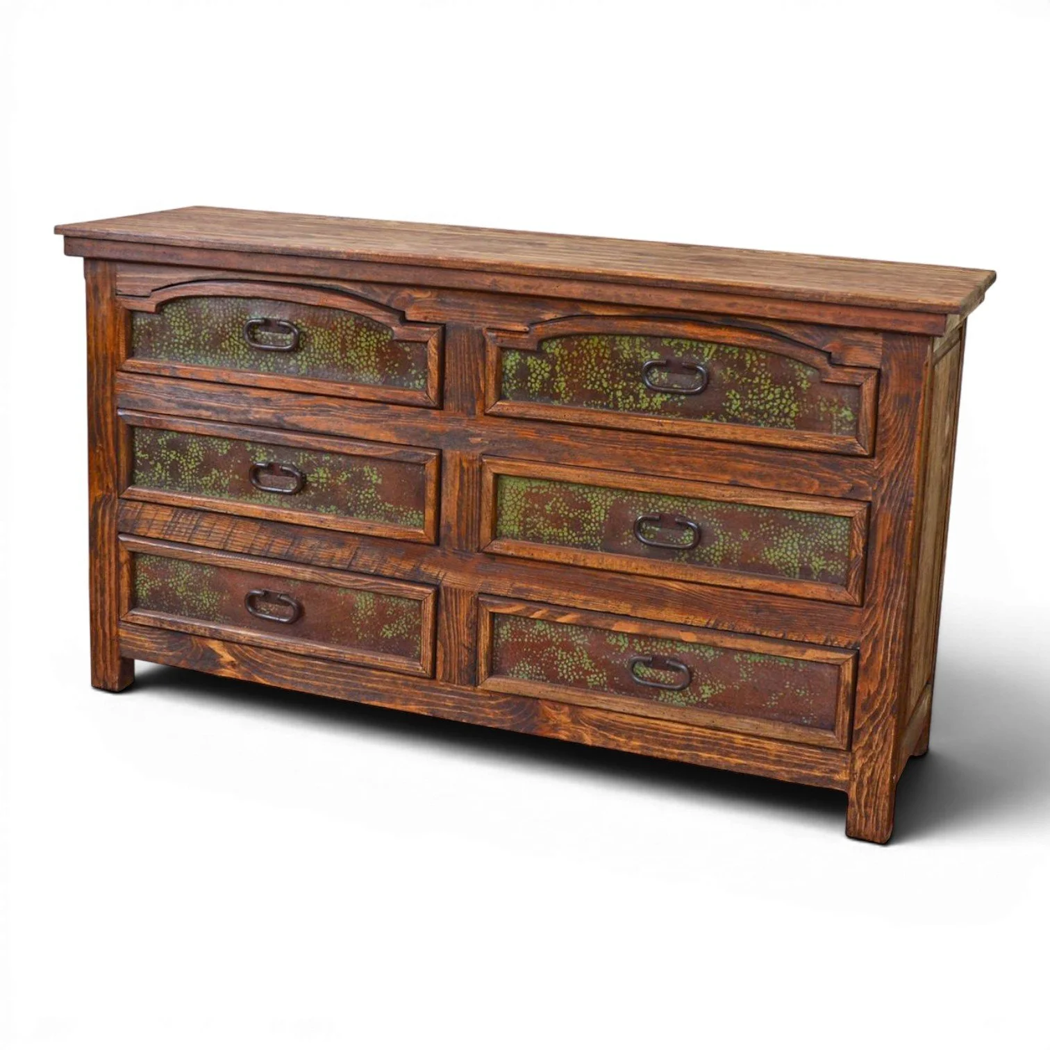 Handmade San Felipe copper dresser with verdigris patina drawer panels, solid wood frame, iron hardware, and carved detailing crafted in Mexico.