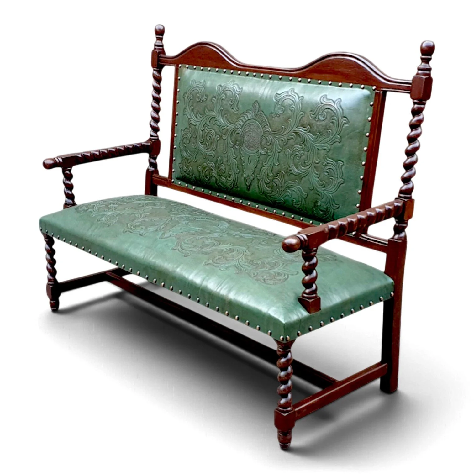 Handmade turquoise tooled leather bench with twisted wood armrests