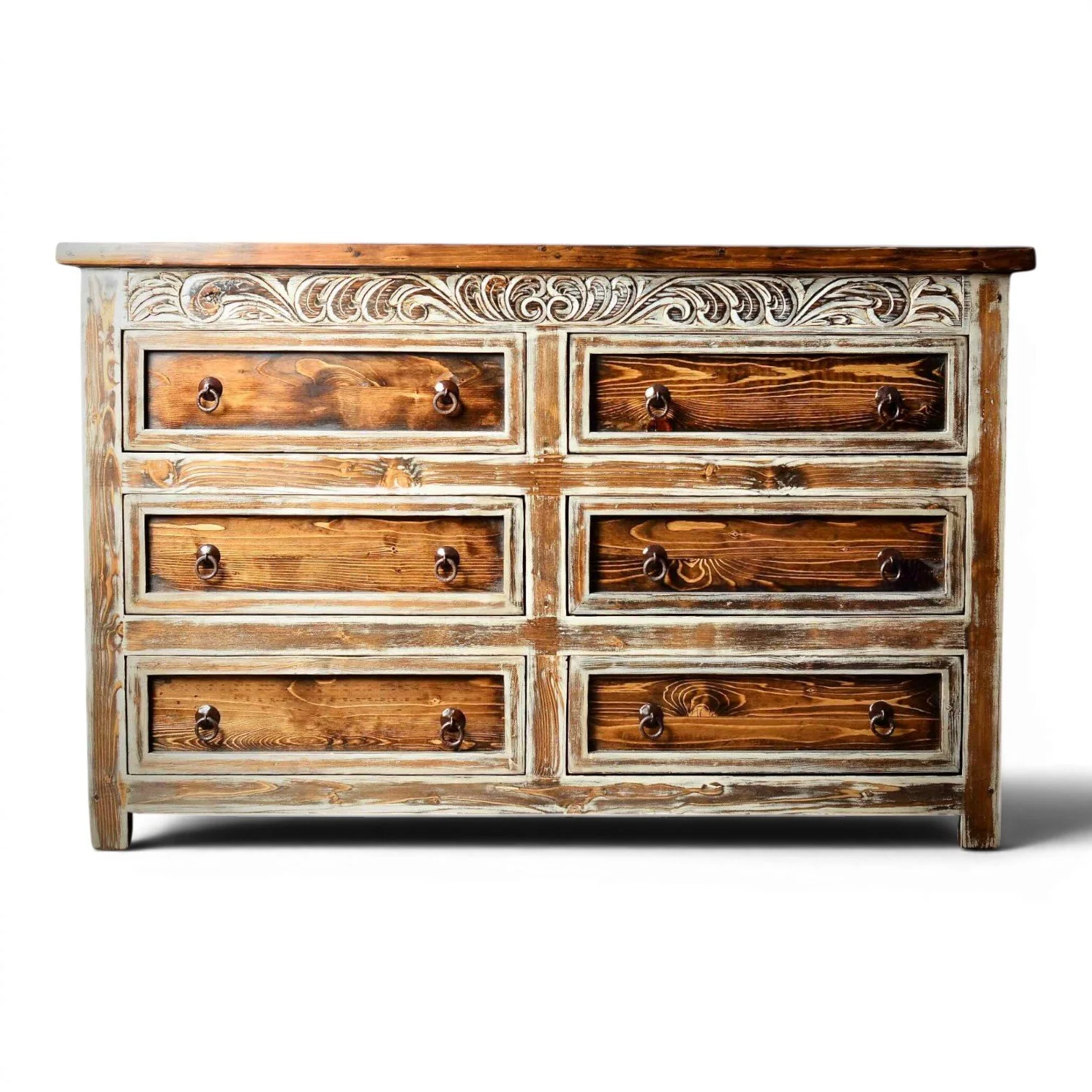 Las Conchas handcrafted Mexican reclaimed wood dresser with white wash finish and hand-carved details