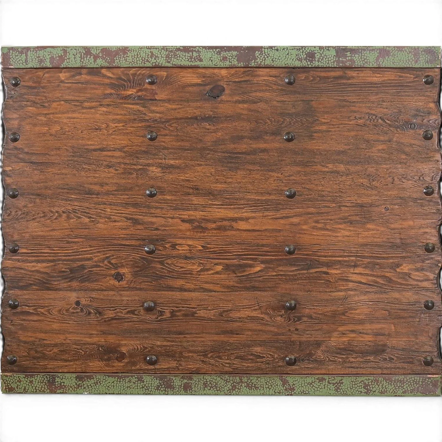 Handmade Amaya Cobre Coffee Table crafted from reclaimed wood with turquoise copper trim, iron clavos accents, and rich dark stain finish.