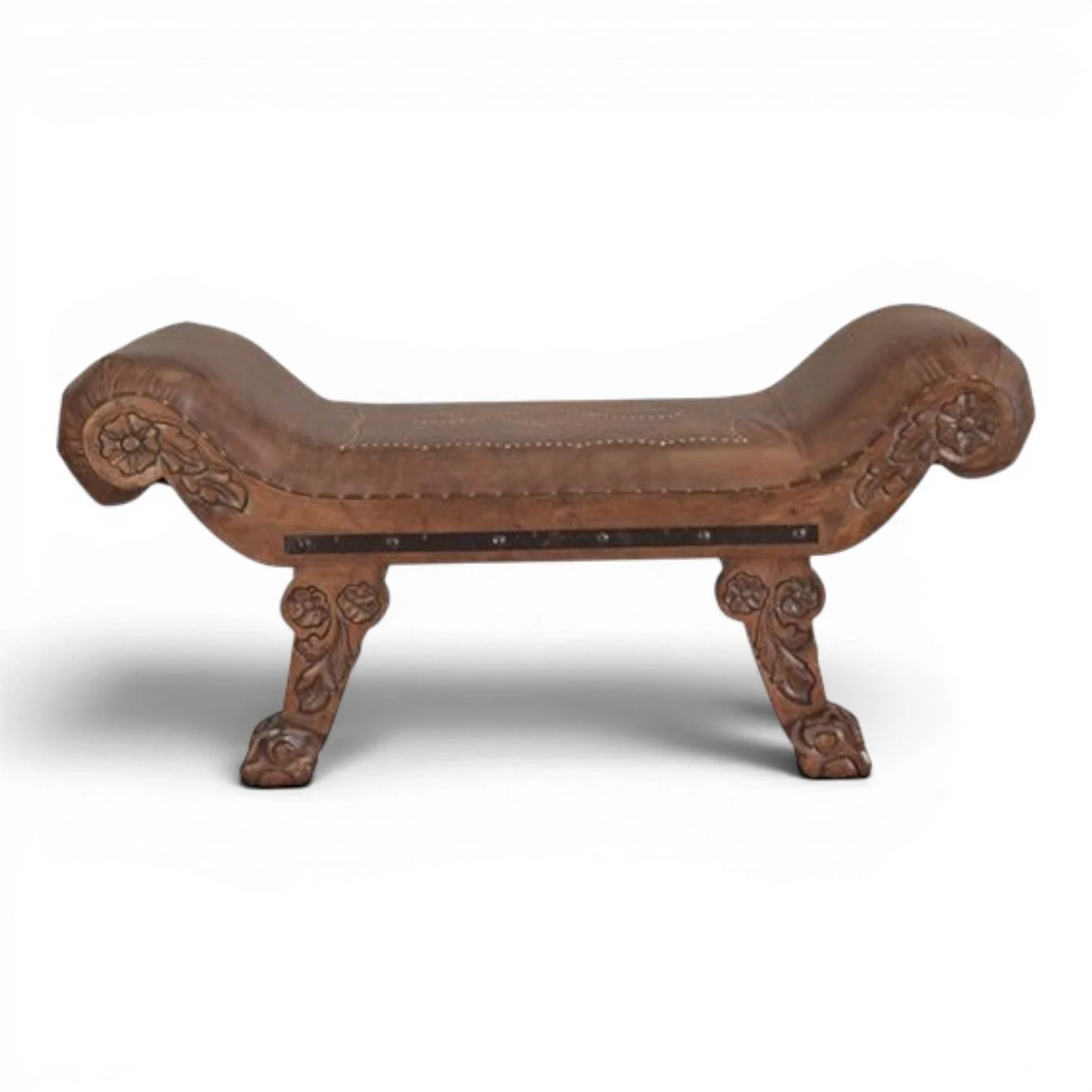 Guerrero Tooled Leather Mesquite Bench | Handmade Mexican Bench