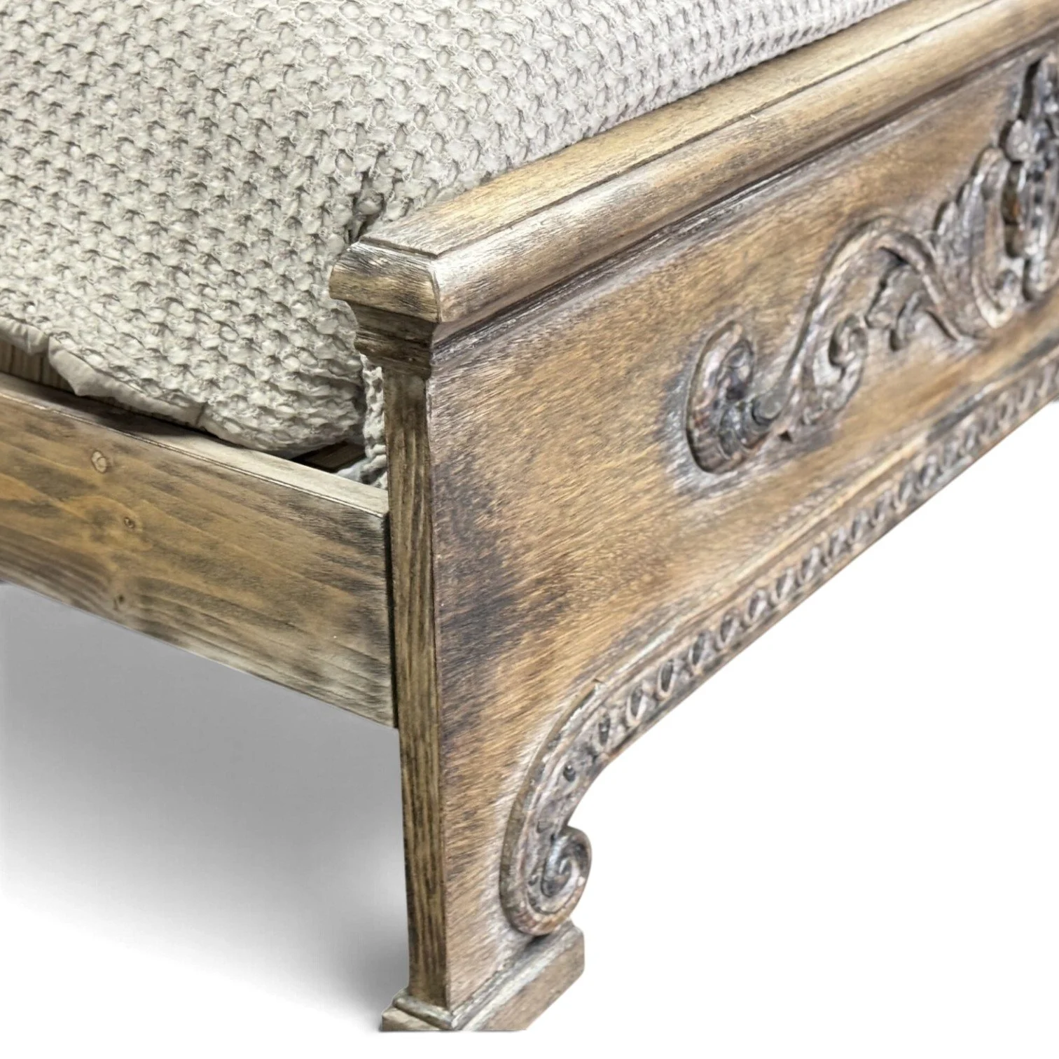 Handmade whitewashed king bed with button-tufted upholstered headboard
