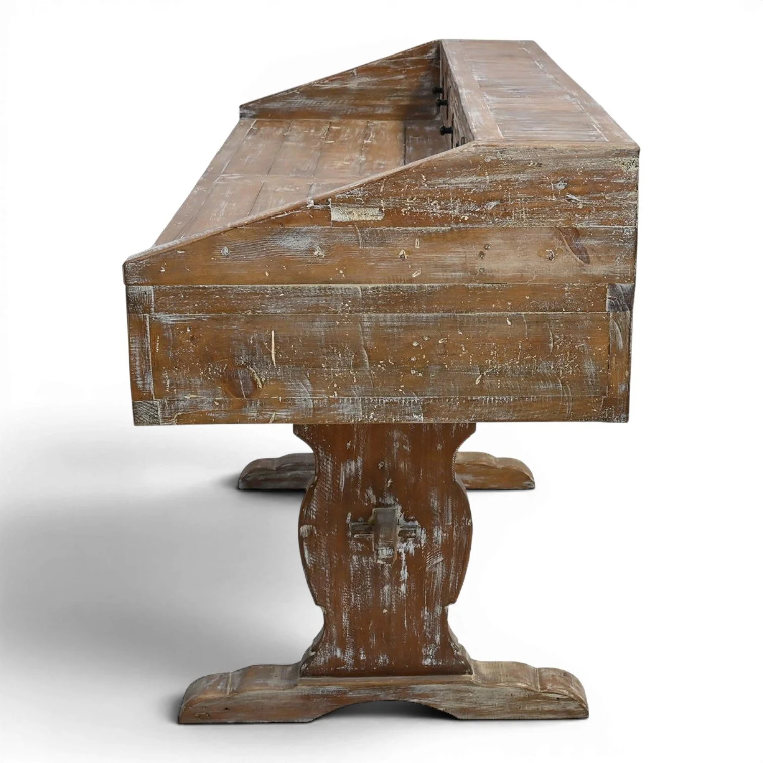 Handmade Mexican Las Carreras white washed desk with hand-carved details, iron hardware, and eight drawers