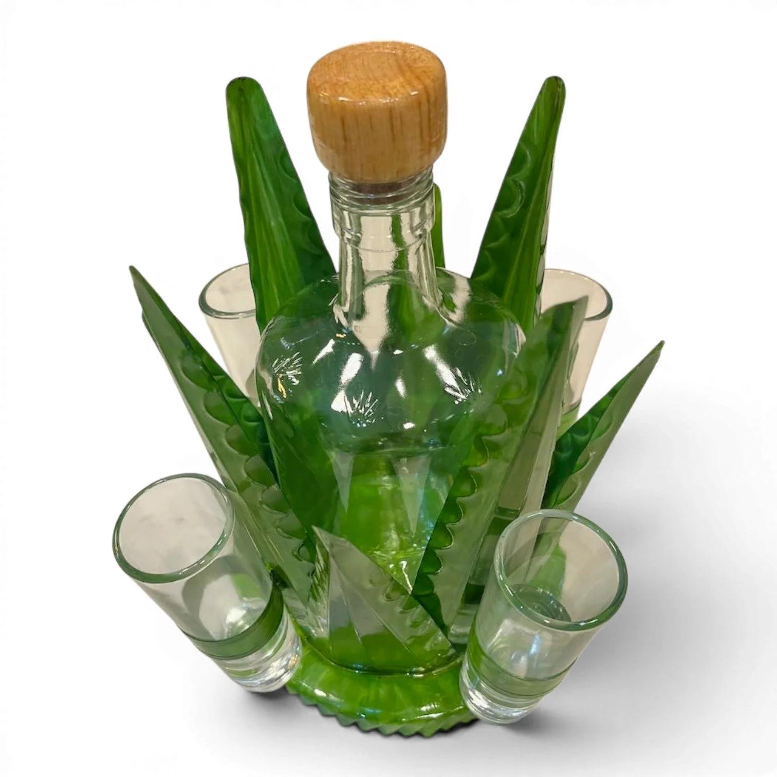 Small handmade Mexican metal agave tequila set with lime green holder, tequila bottle, and four shot glasses