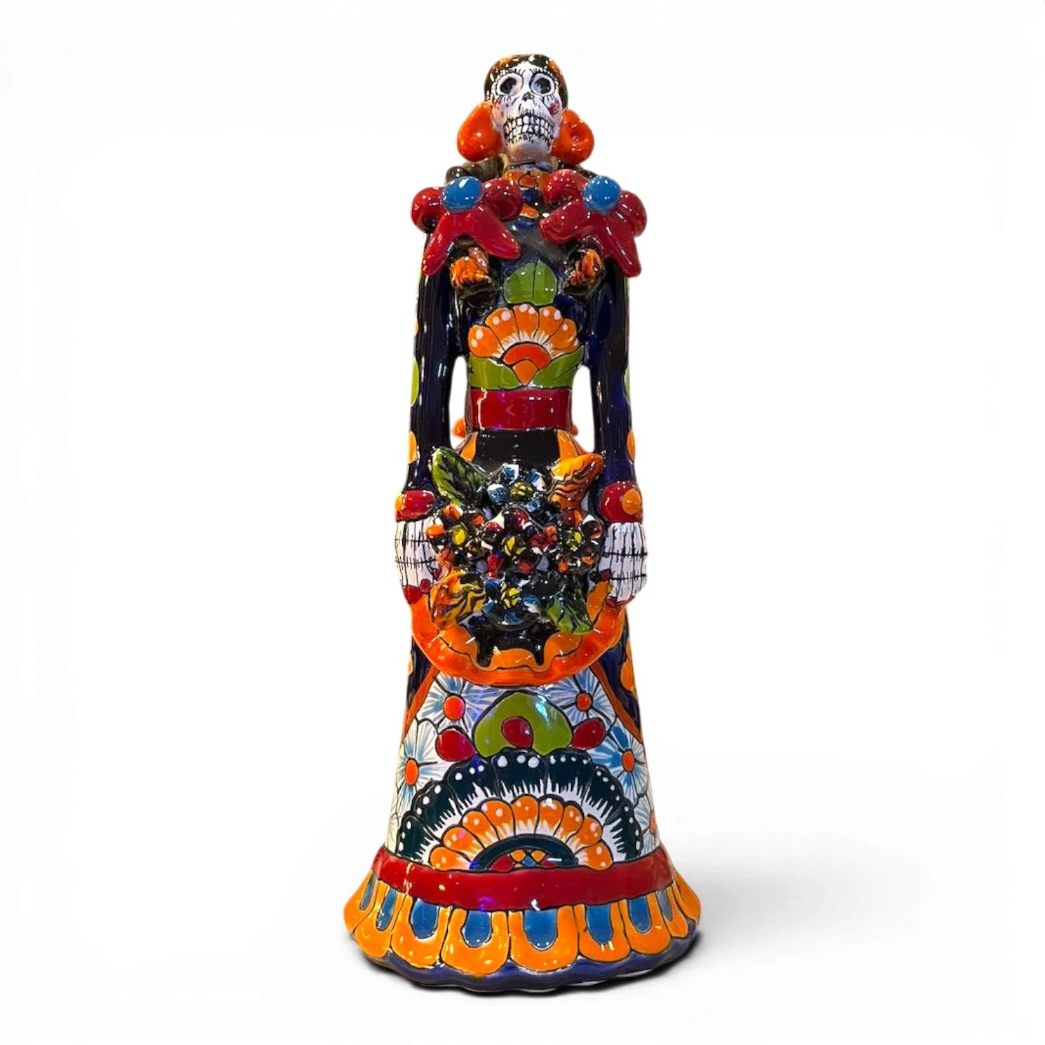 Handmade Mexican Catrina folk art doll with floral dress and birdcage holding two birds